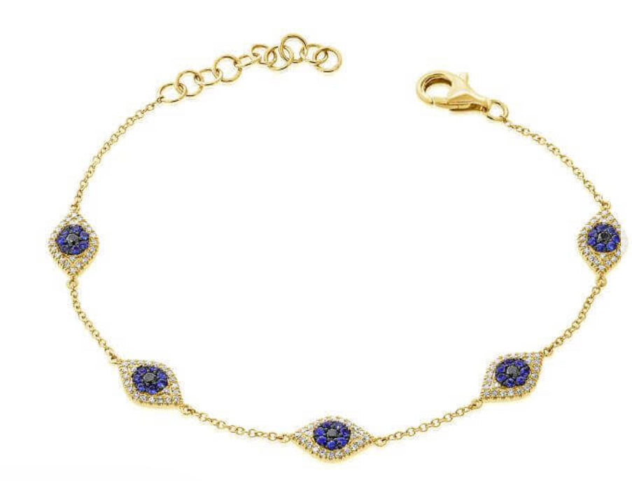 14K Gold Diamond & Sapphire Evil Eye Station Bracelet