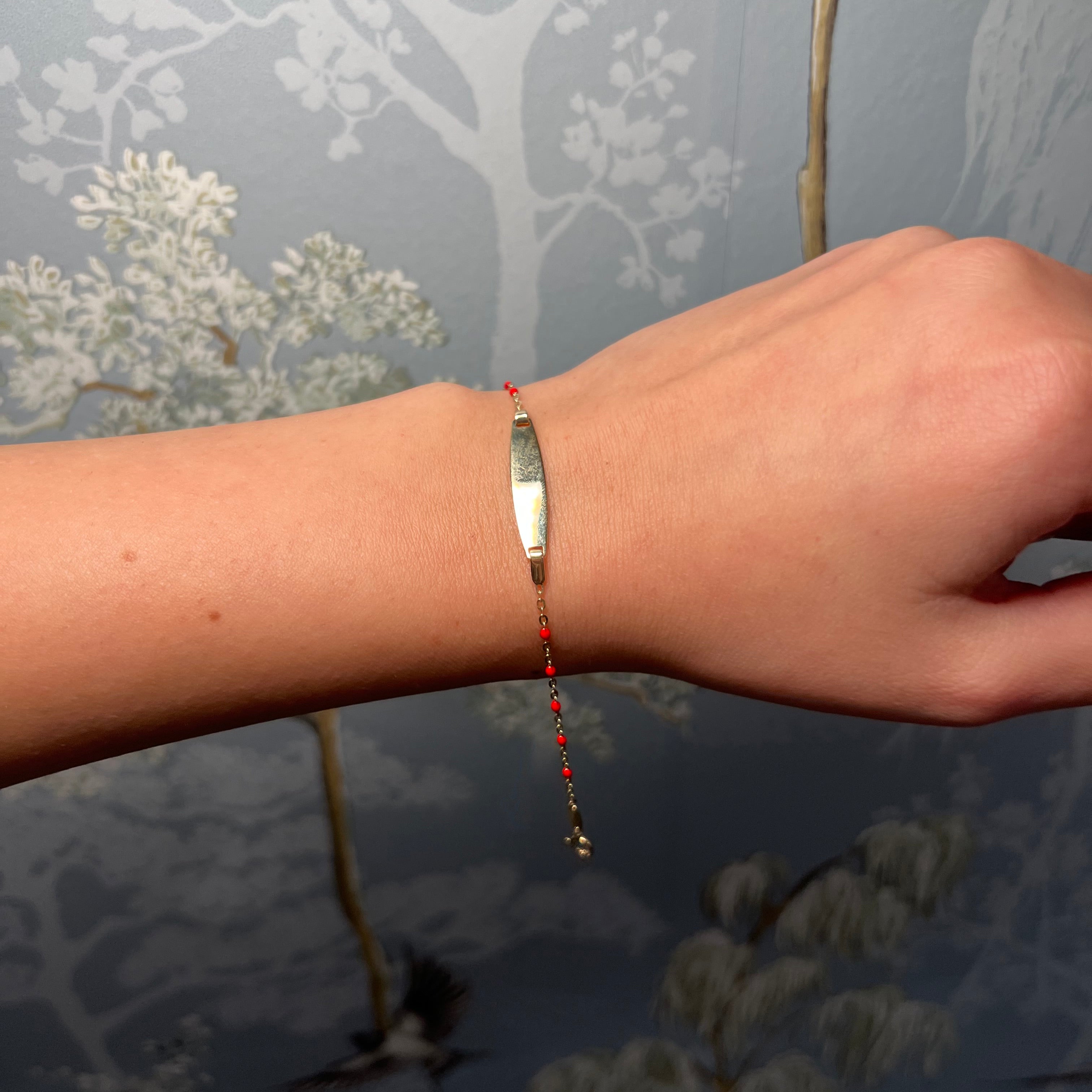 14k Yellow Gold Pink Beaded Baby Id Bracelet
