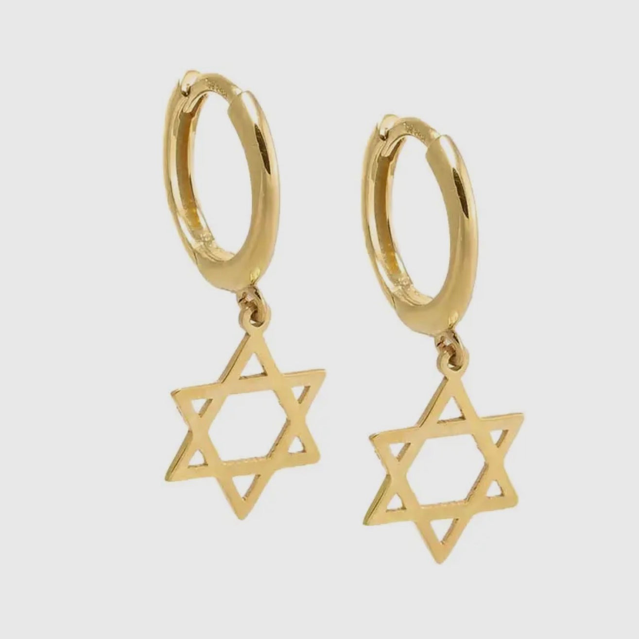 14k Yellow Gold Dangling Star of David Huggie Earrings