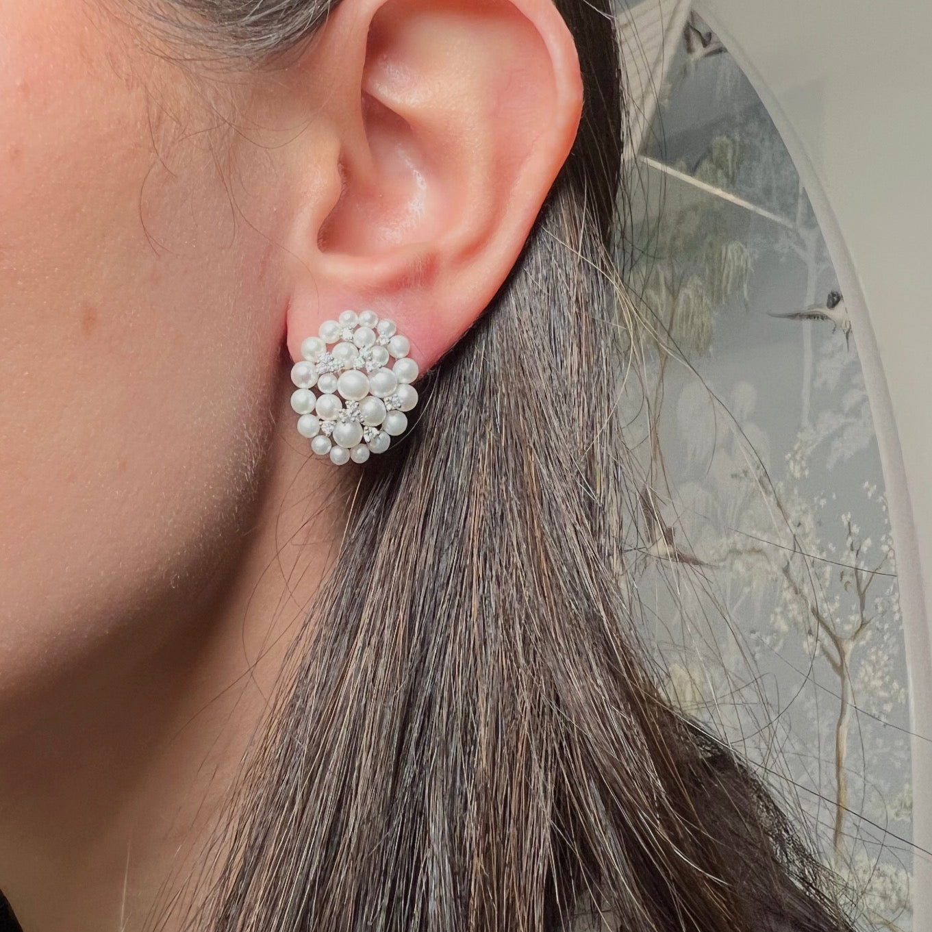14K Pearl and Diamond Cluster Studs