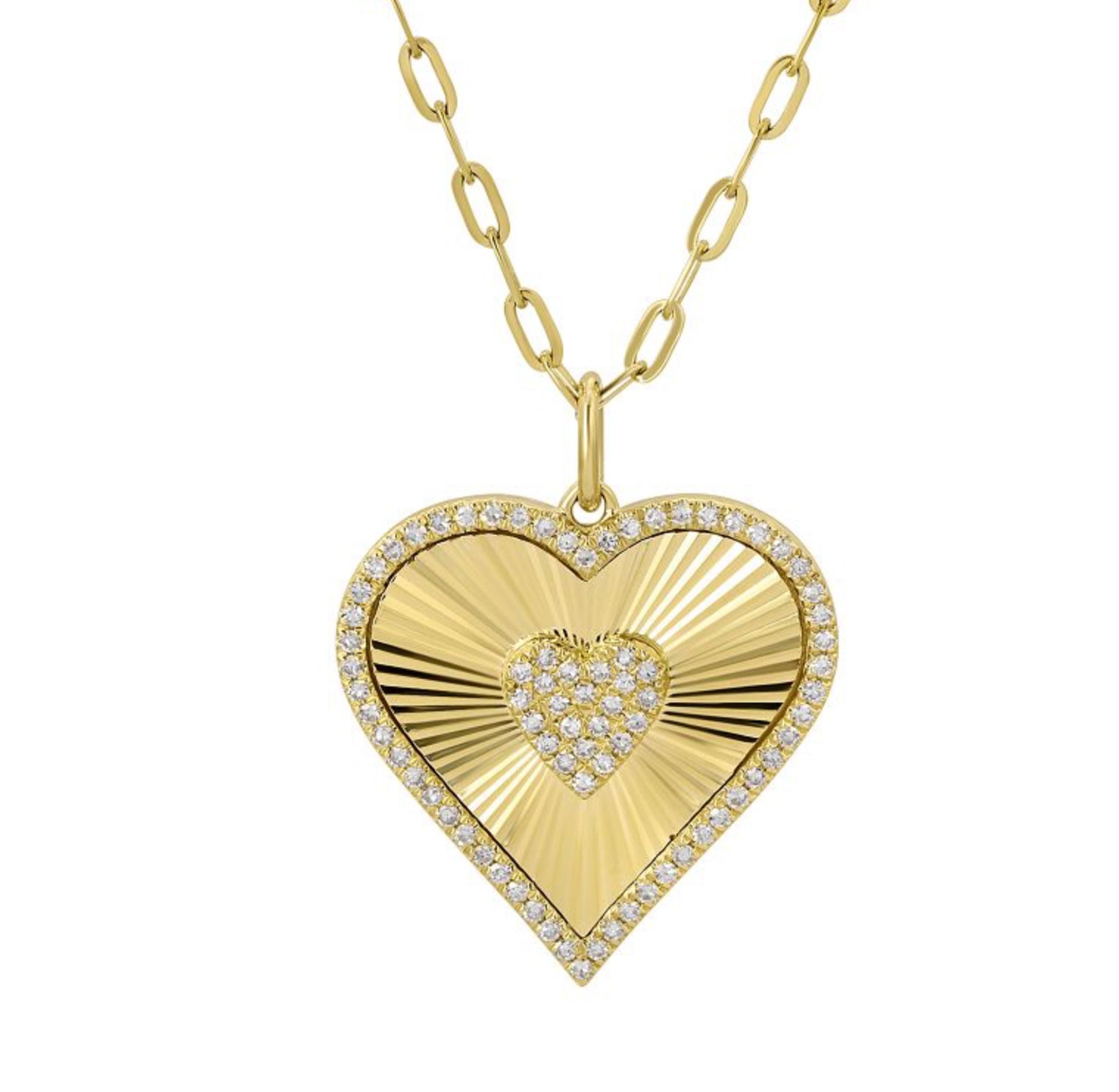 14k Yellow Gold and Pave Diamond Fluted Heart Charm Necklace