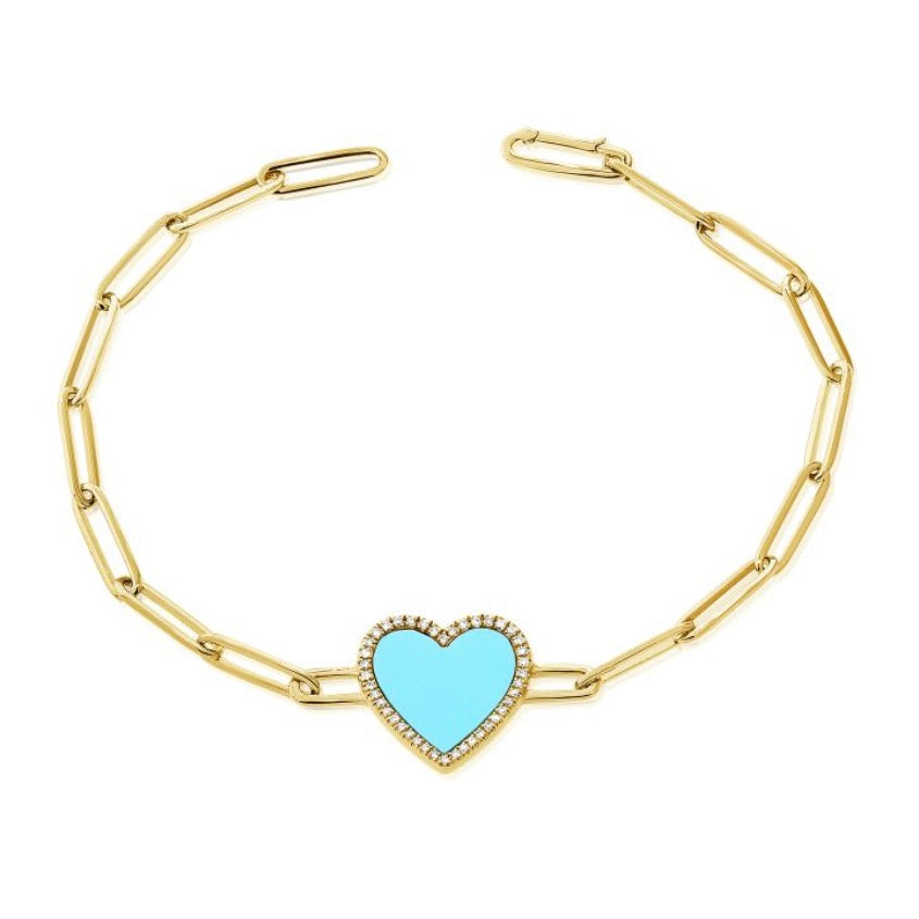 1.29CT TURQUOISE AND DIAMOND HEART PAPERCLIP LINK BRACELET