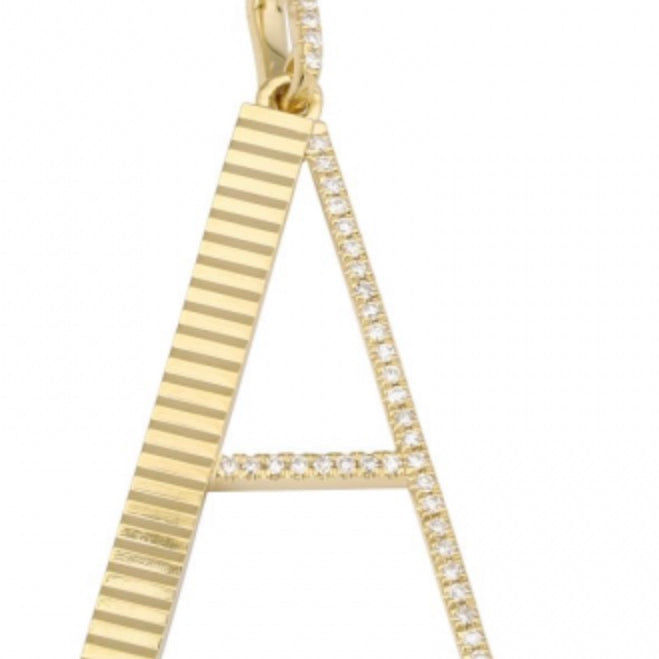 14k Yellow Gold Lines / Fluted Diamond Initial Necklace Charm