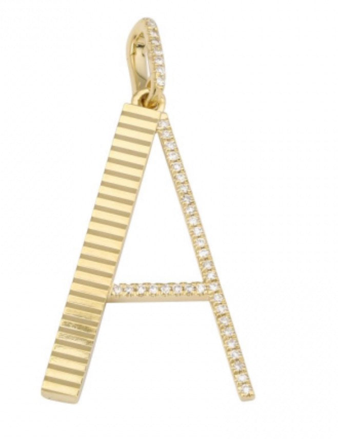 14k Yellow Gold Lines / Fluted Diamond Initial Necklace Charm