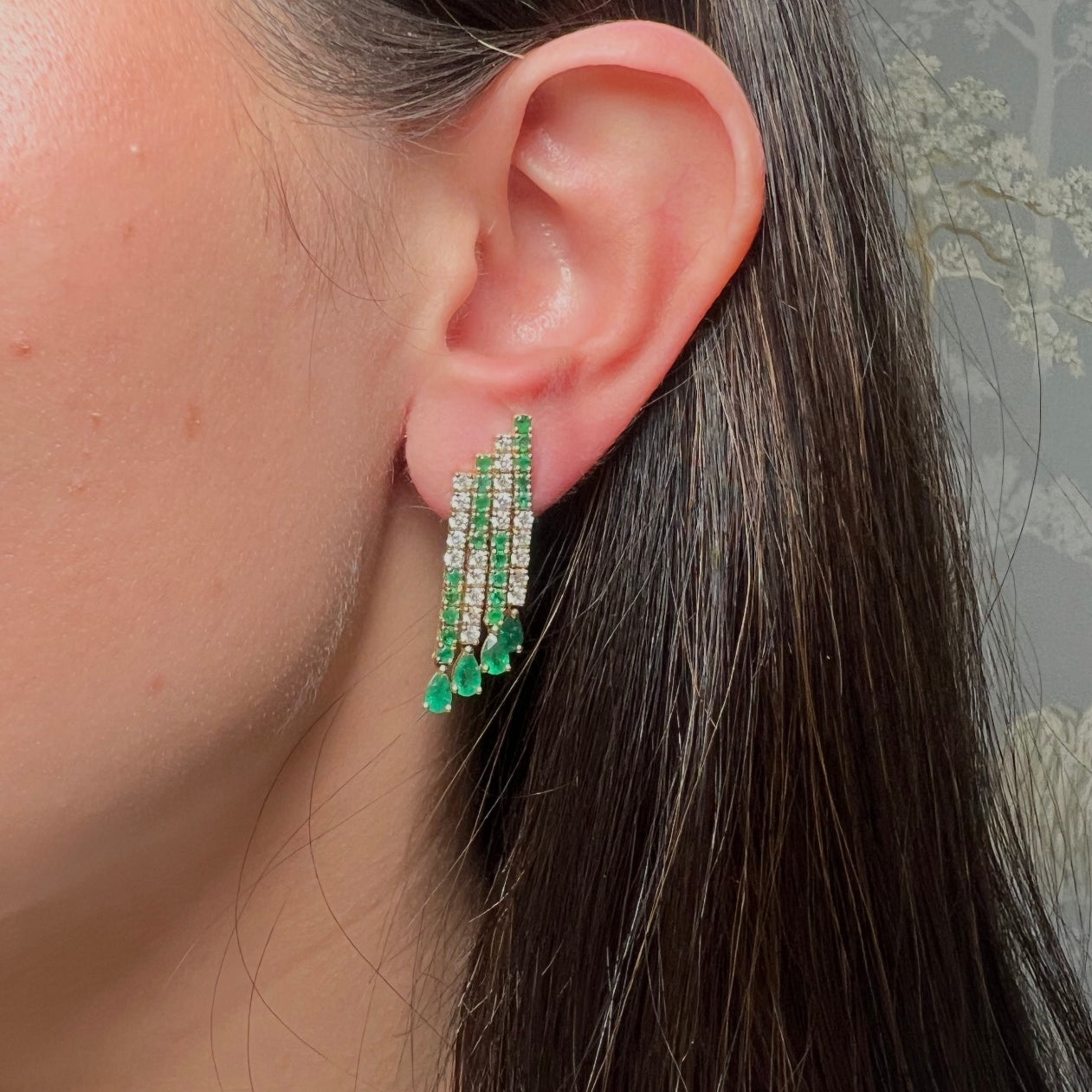 14k Gold Diamond Emerald Hanging Statement Earrings