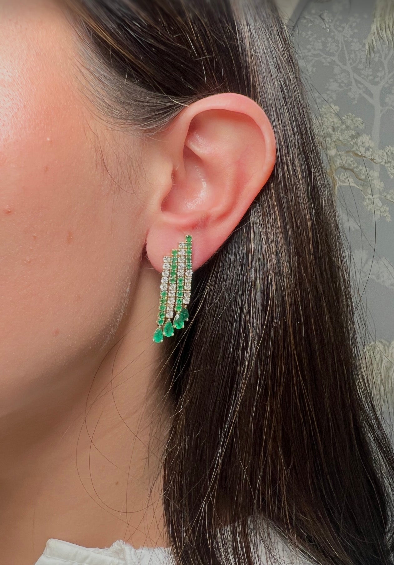 14k Gold Diamond Emerald Hanging Statement Earrings