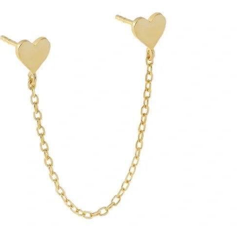 14k Heart Double Stud Chain Earring