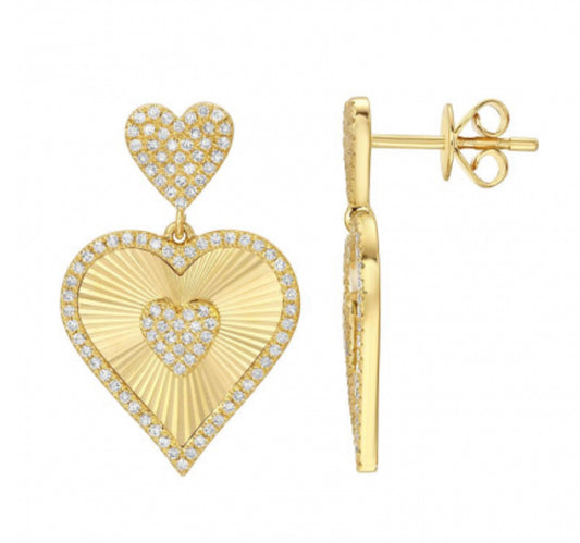 14k Yellow Gold Lines / Fluted Heart Diamond Earrings