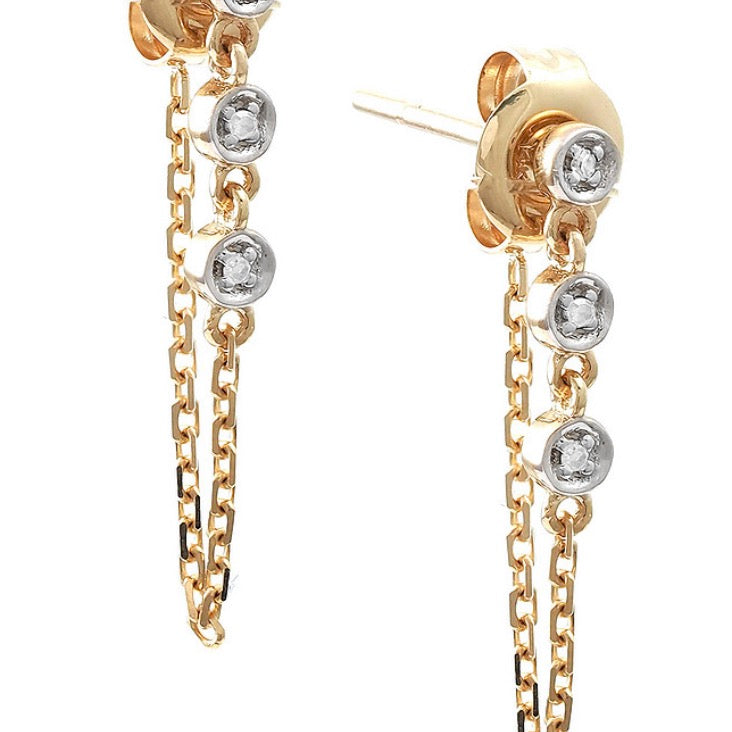 14K Yellow Gold Round Diamond Chain Earrings