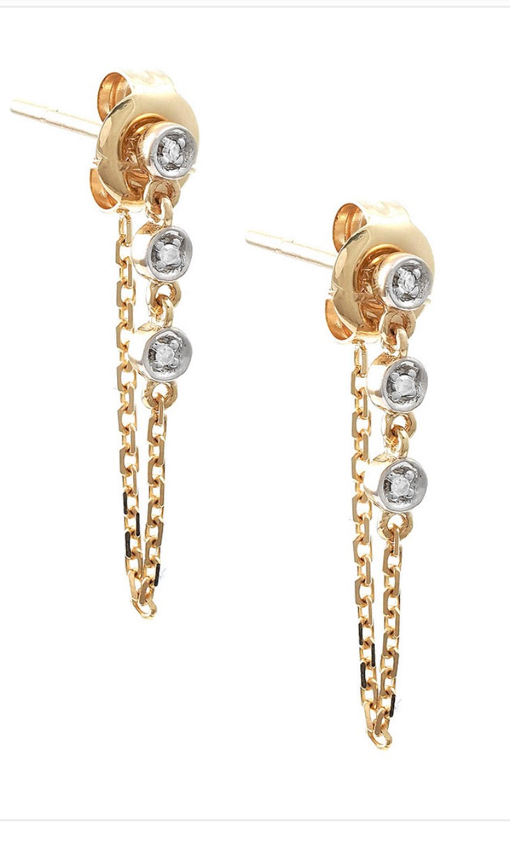 14K Yellow Gold Round Diamond Chain Earrings
