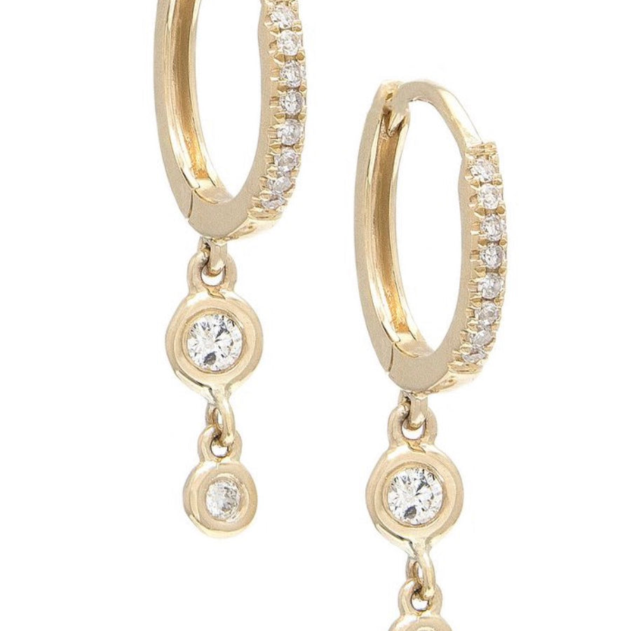 14K Yellow Gold Round Bezel Diamond Drop Huggie Earrings