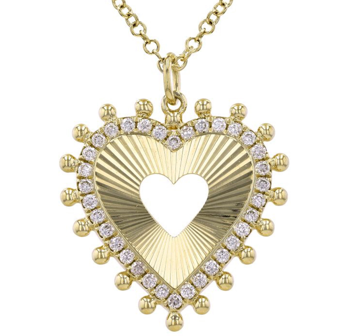 14k Yellow Gold Fluted Heart Diamond Necklace