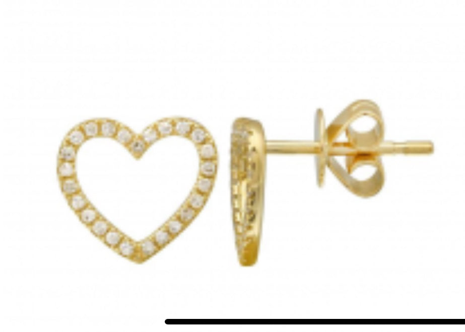 14k Yellow Gold Open Heart Diamond Stud Earrings