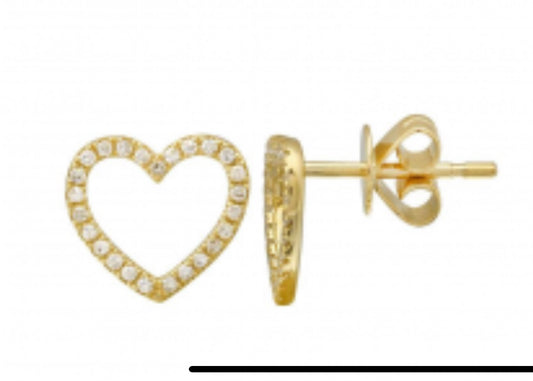 14k Yellow Gold Open Heart Diamond Stud Earrings