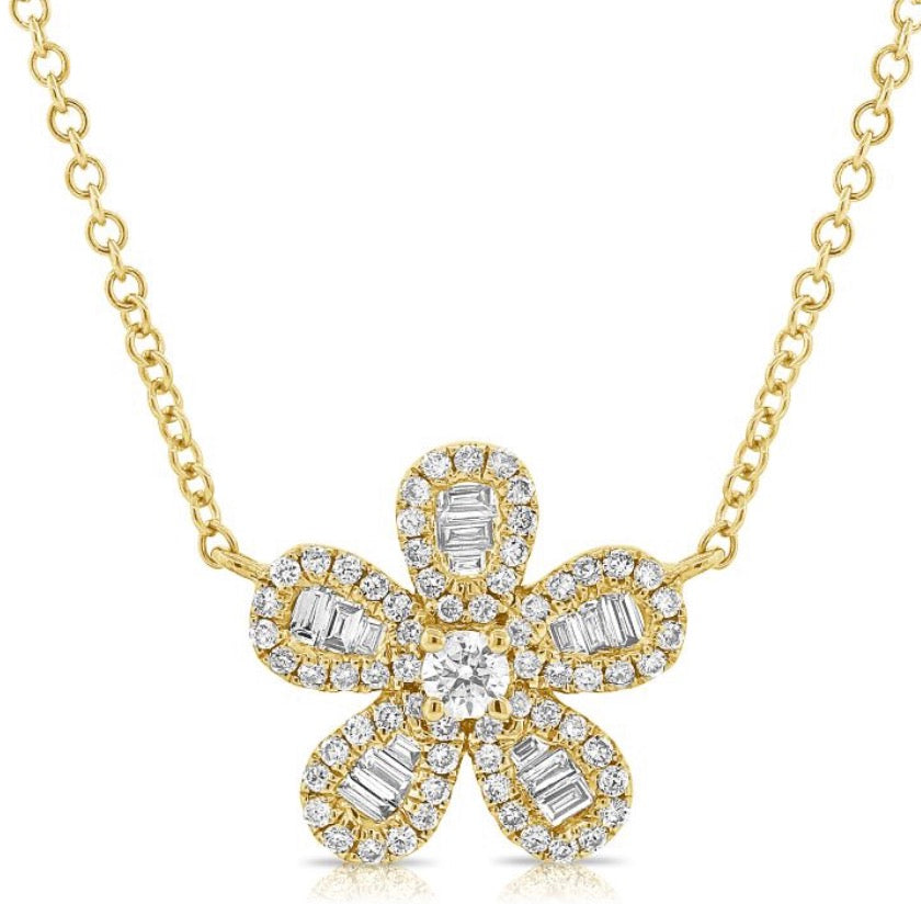 .34CT BAGUETTES AND DIAMOND FLOWER PENDANT NECKLACE