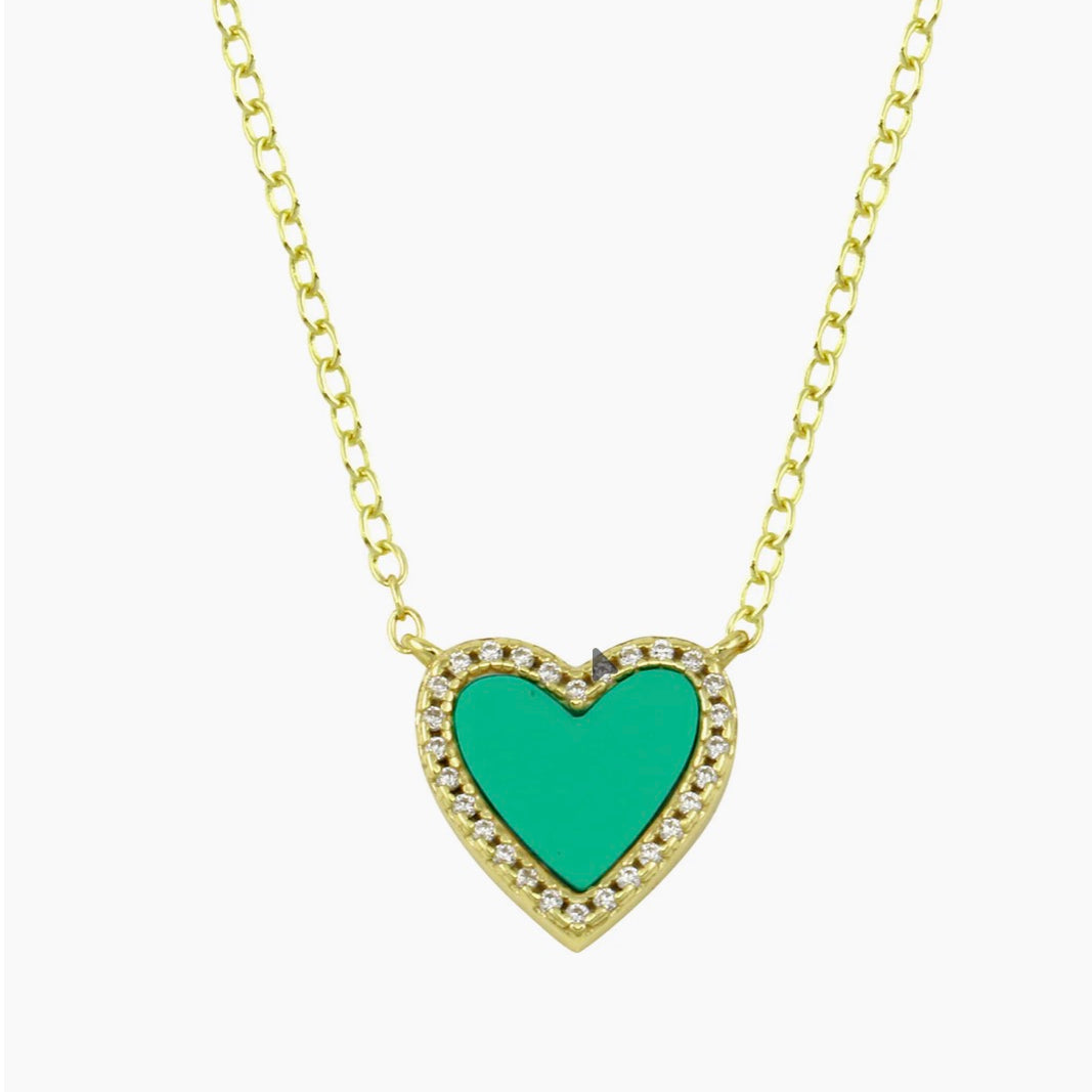 Yellow Gold Plated Small Pave Outline Stone Heart Necklace