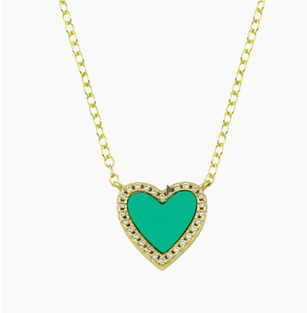 Yellow Gold Plated Small Pave Outline Stone Heart Necklace