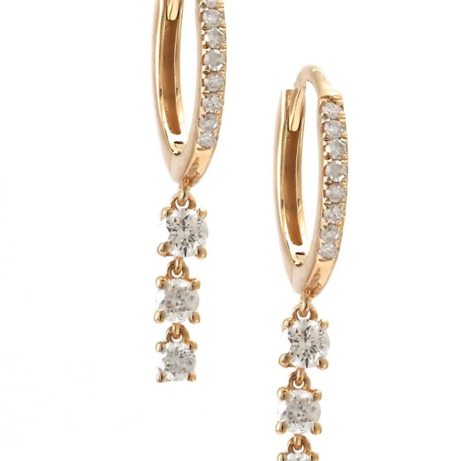 14K Yellow Gold Round Diamond Drop Huggie Earrings