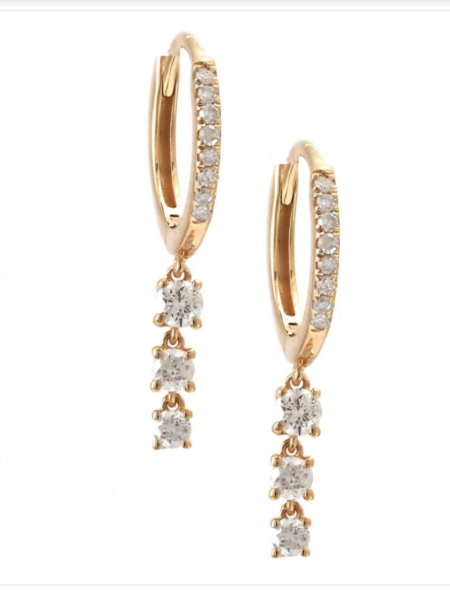 14K Yellow Gold Round Diamond Drop Huggie Earrings