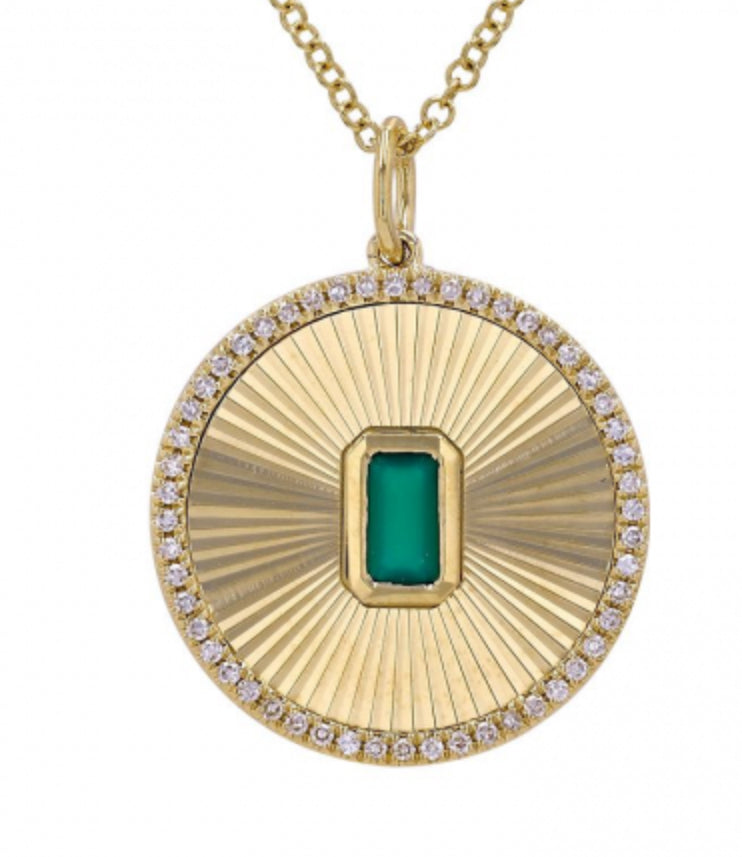 14k Yellow Gold Emerald Fluted Disc Diamond Necklace