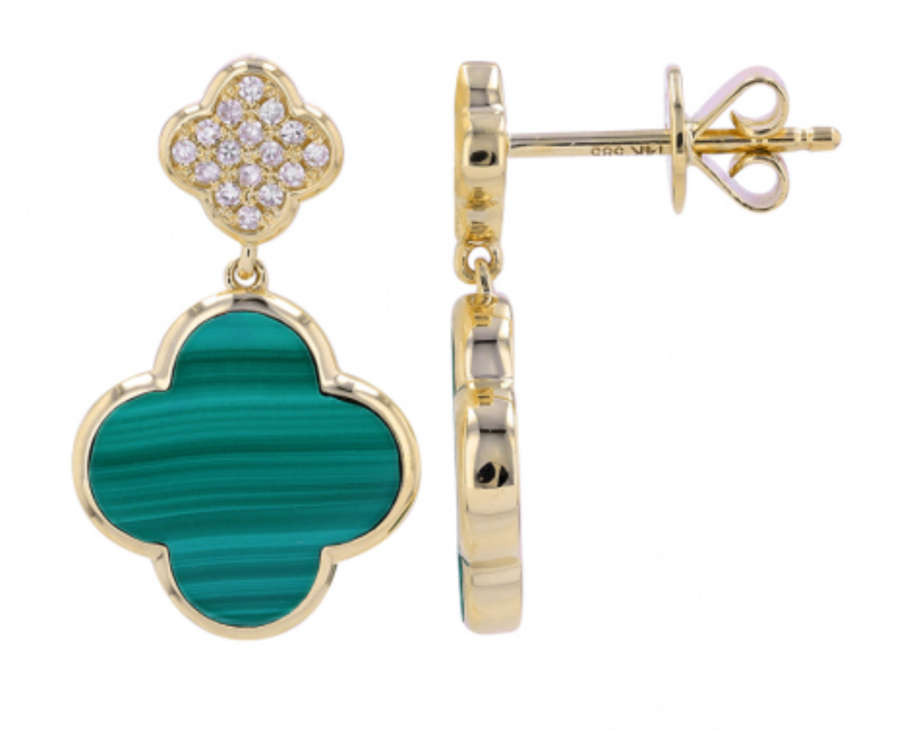 14k Yellow Gold Clover Drop Malachite Drop Stud Earrings