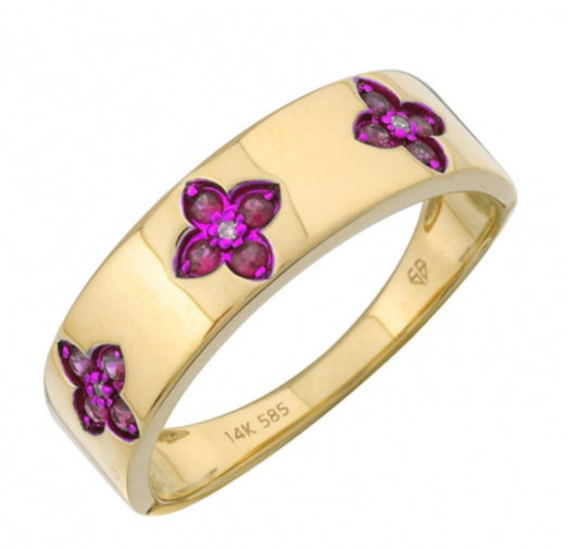 14k Yellow Gold Ruby Diamond Ring / Pink Rhodium