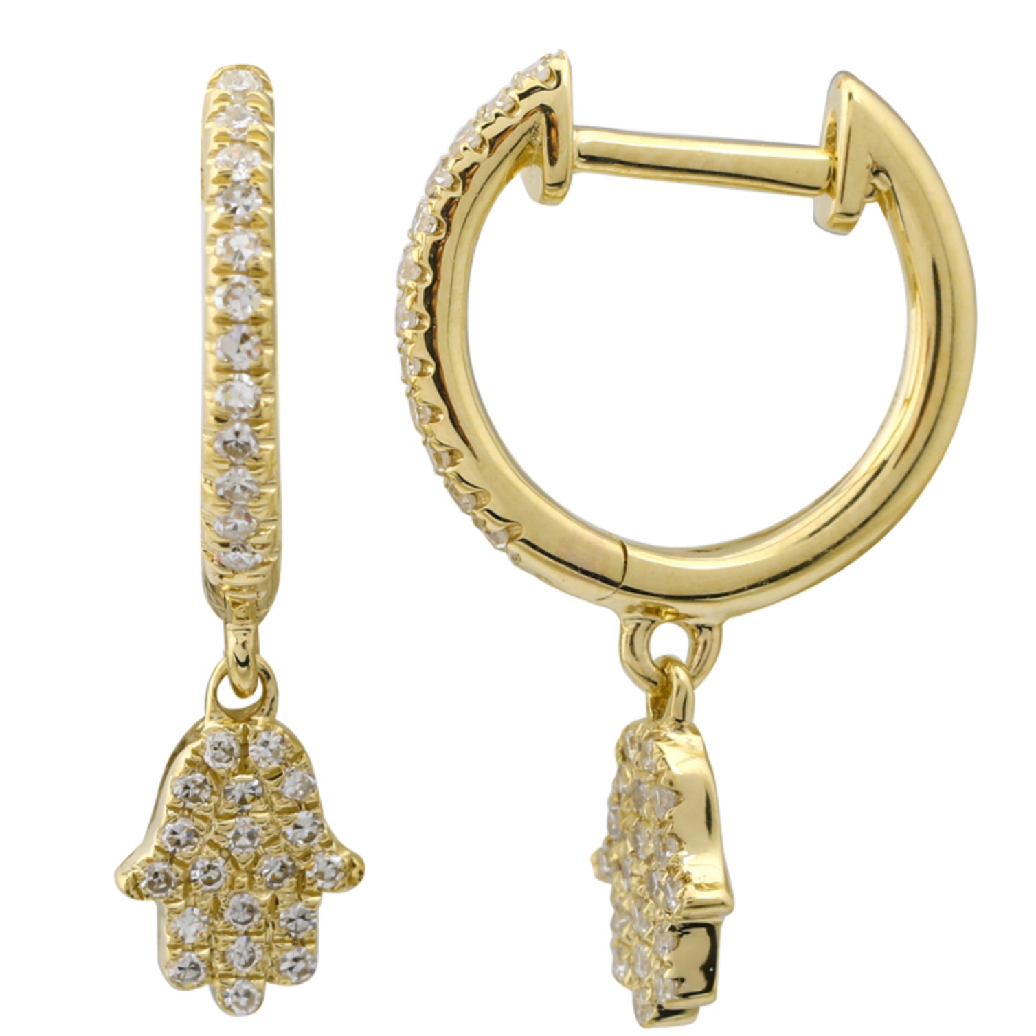 14k Yellow Gold Dangling Hamsa Huggie Earrings