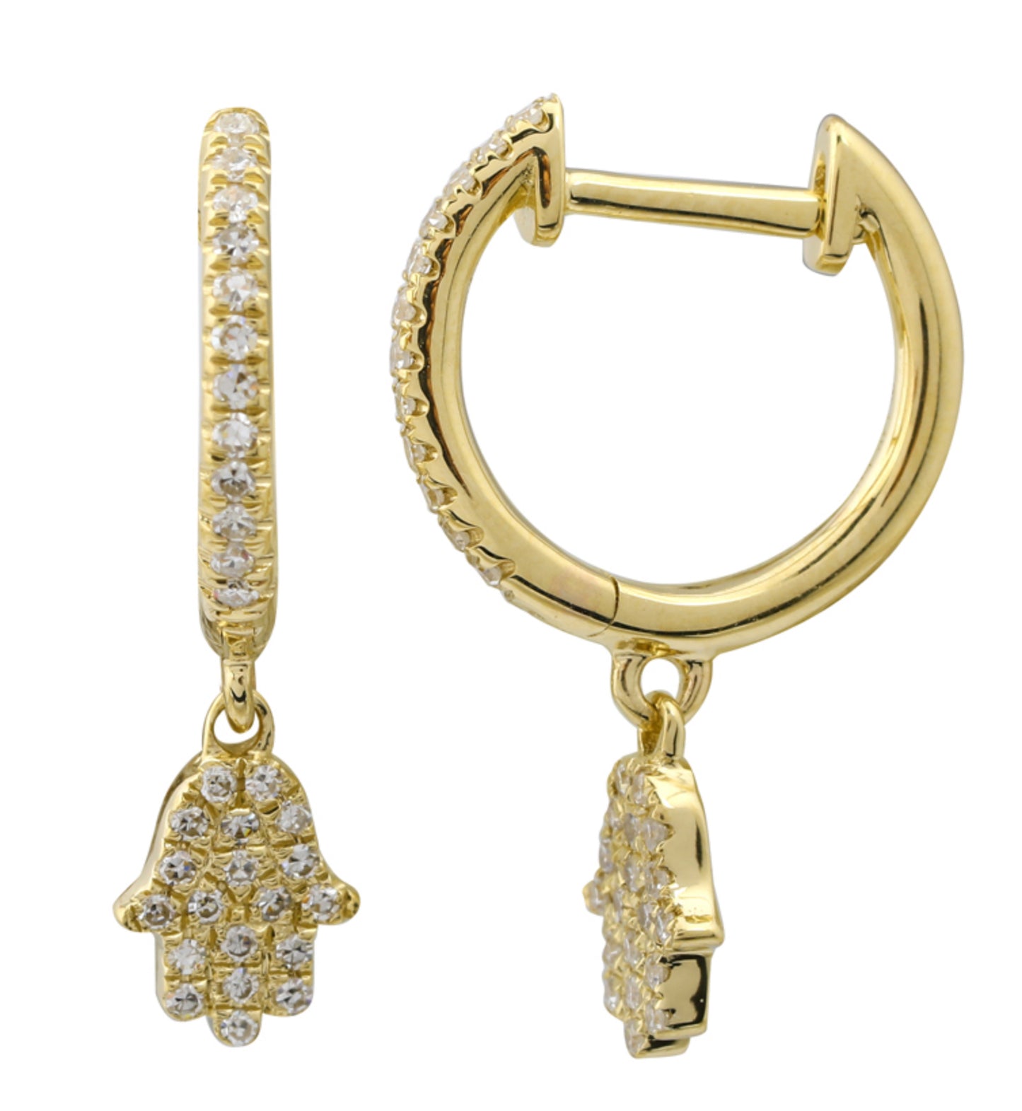 14k Yellow Gold Dangling Hamsa Huggie Earrings