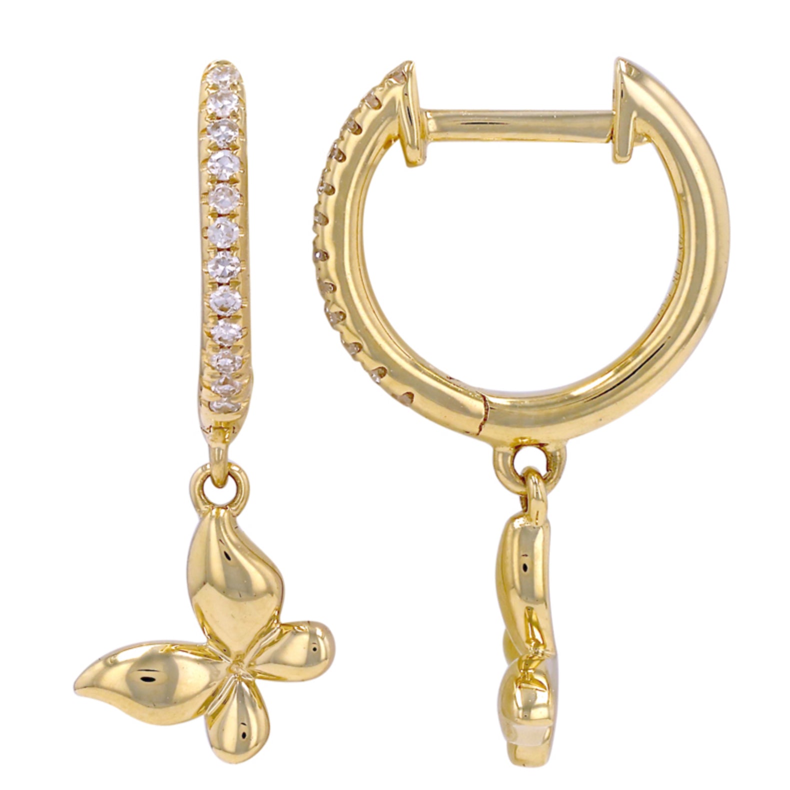 14k Yellow Gold Butterfly Dangle Diamond Huggie Earrings
