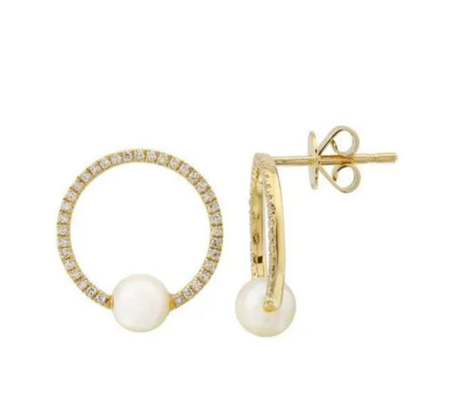 14k Yellow Gold, Diamond and Pearl Circle Earring