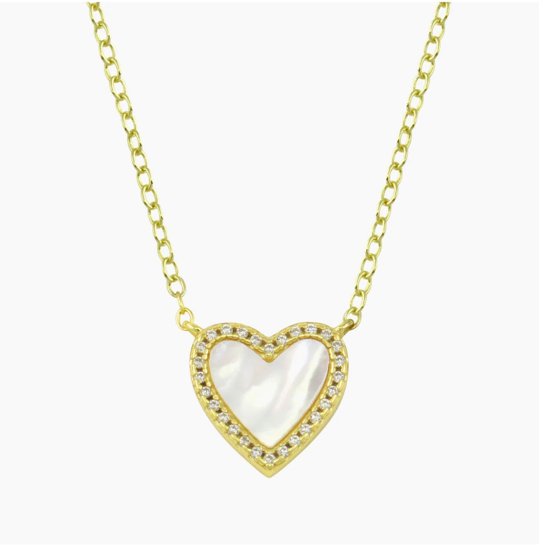 Yellow Gold Plated Small Pave Outline Stone Heart Necklace