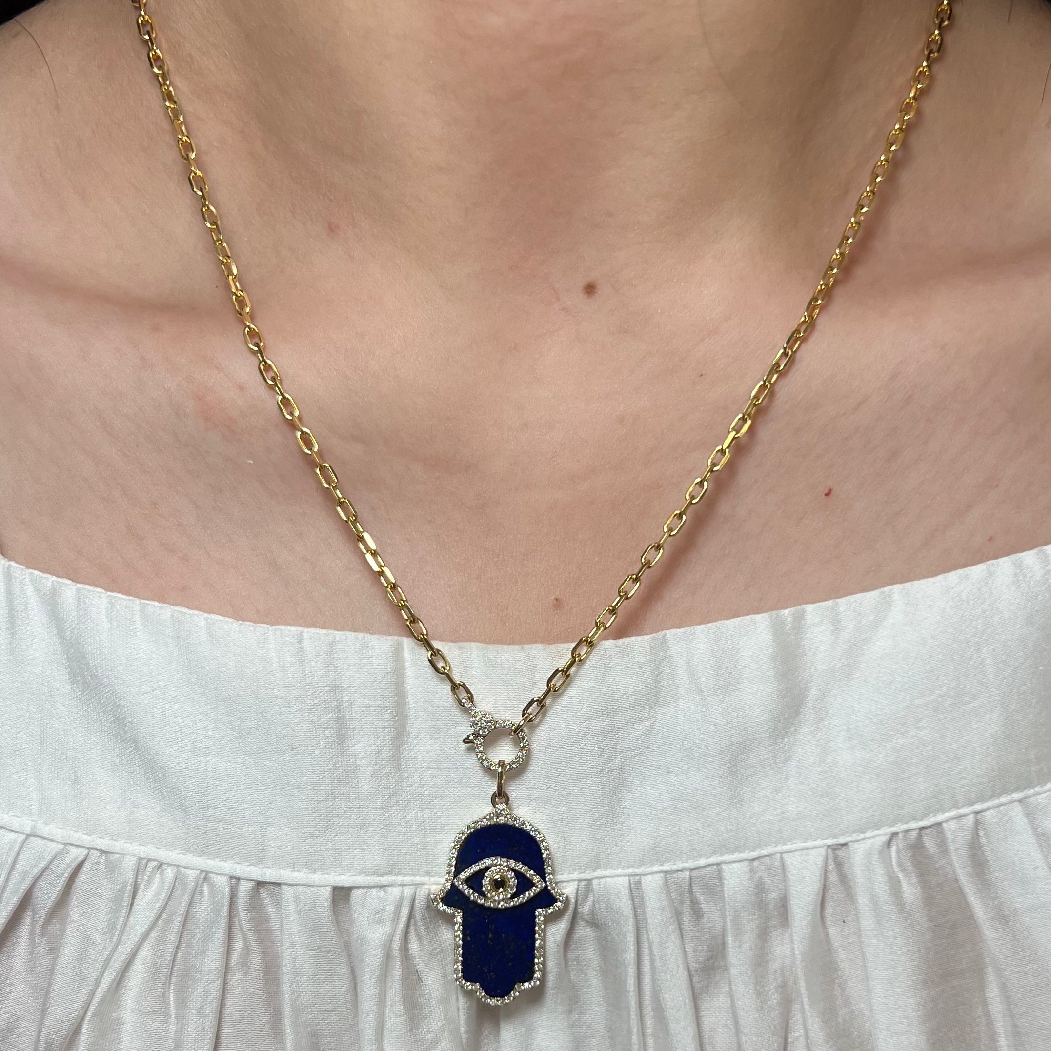14K Yellow Gold Chain with Diamond Lobster Clasp with Lapis Hamsa