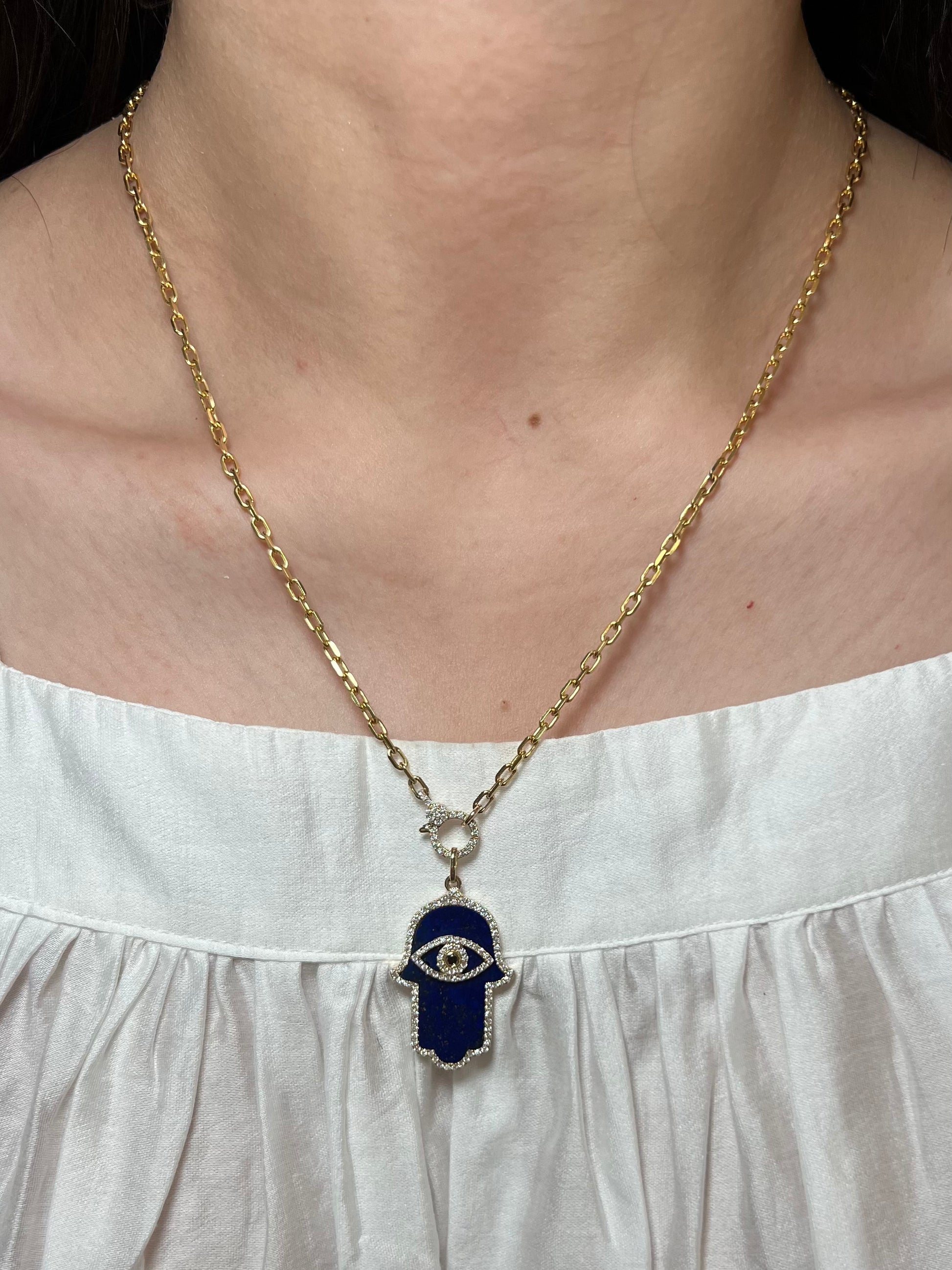 14K Yellow Gold Diamond Lapis Hamsa