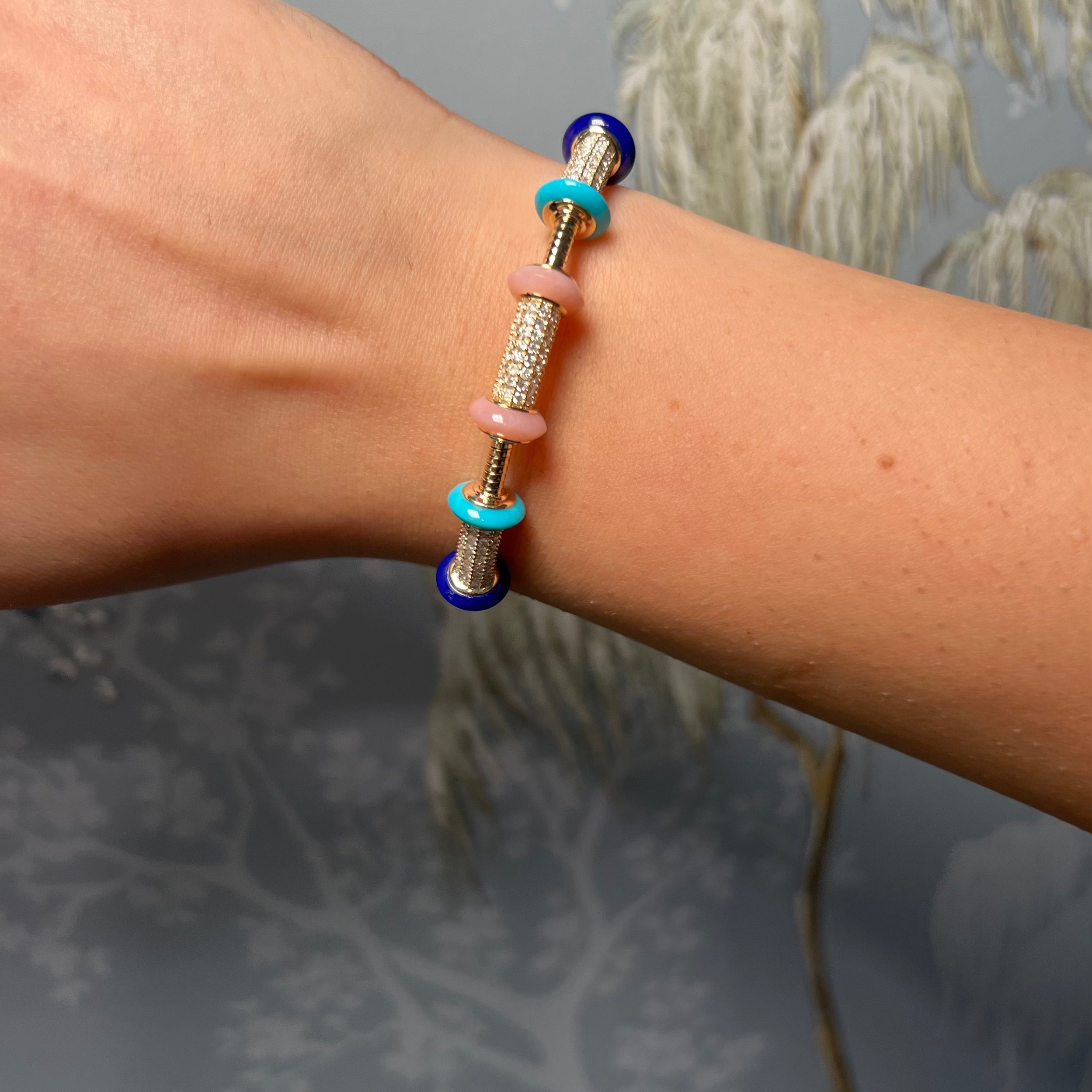 14K Yellow Gold Tobogas Bangle with Diamond, Lapis, Turquoise and Pink Rings