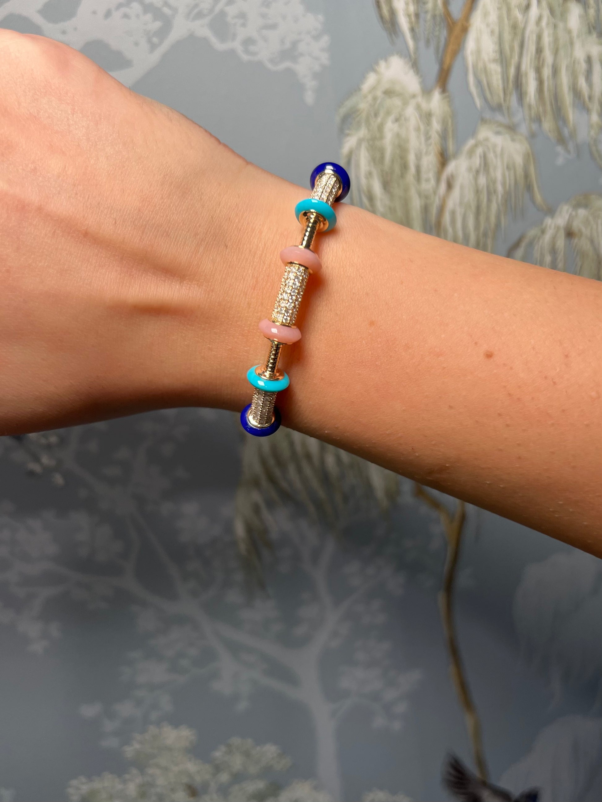 14K Yellow Gold Tobogas Bangle with Diamond, Lapis, Turquoise and Pink Rings