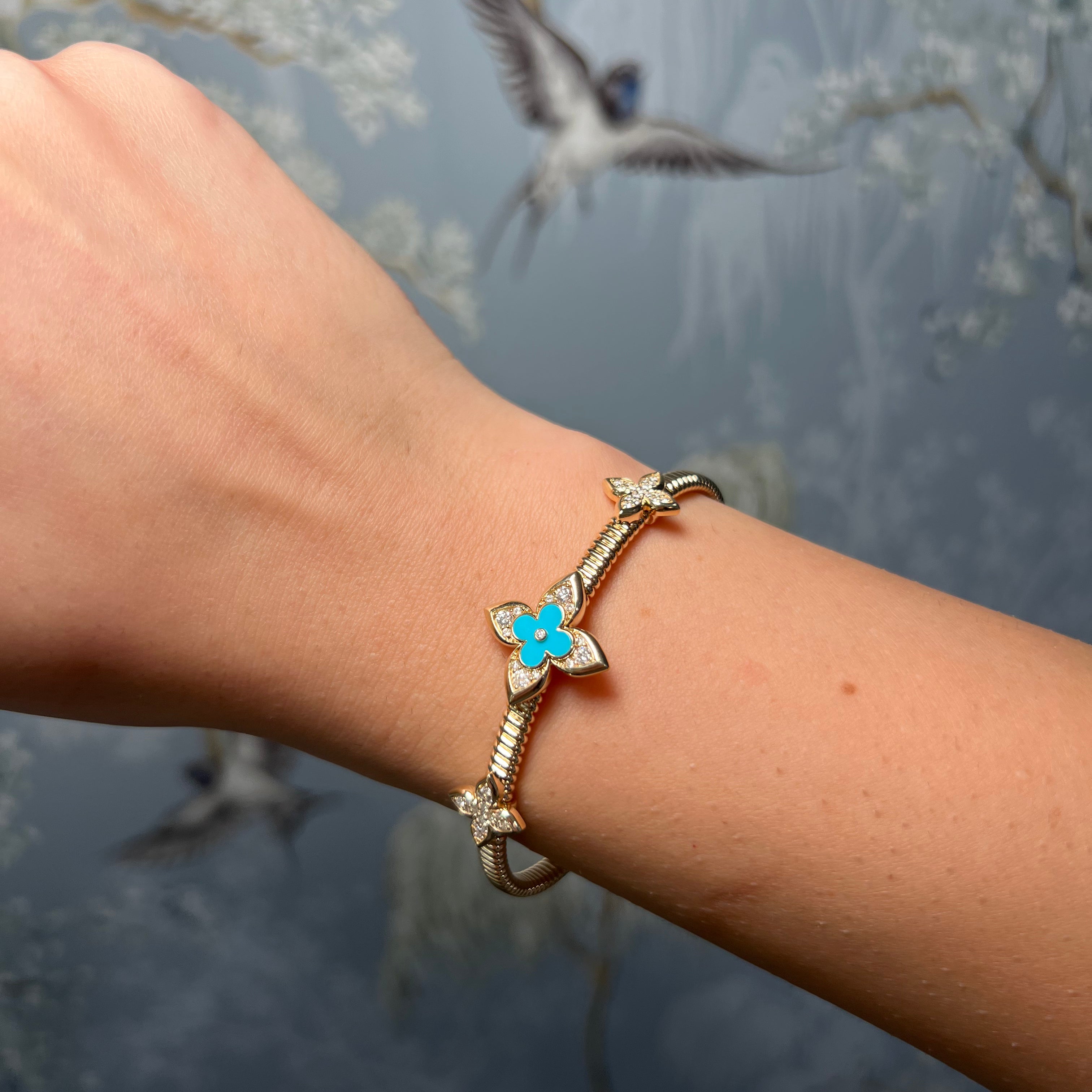 14K Yellow Gold Tobago Bangle with Turquoise and Diamond Flower