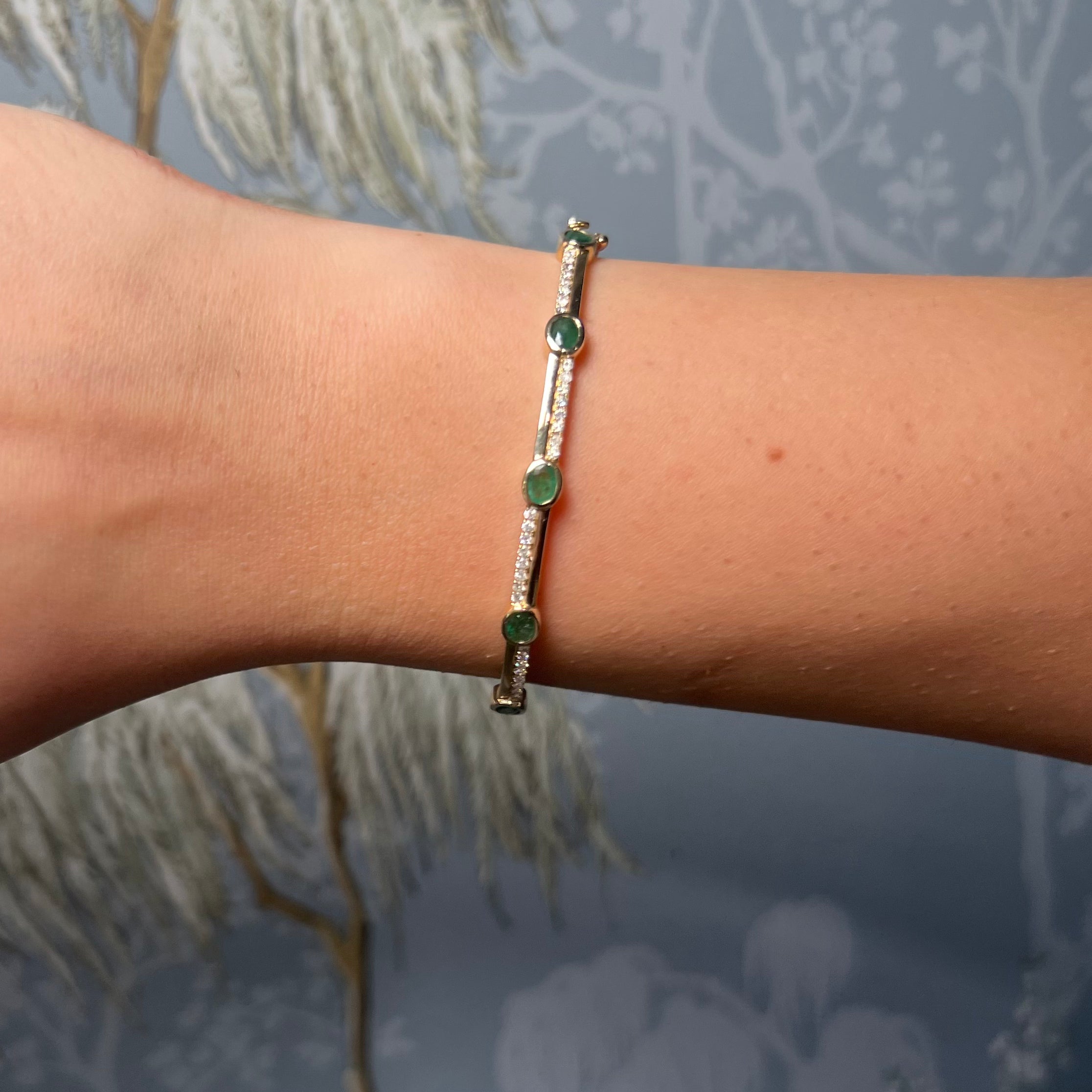 14K Yellow Gold Diamond and Emerald Bangle