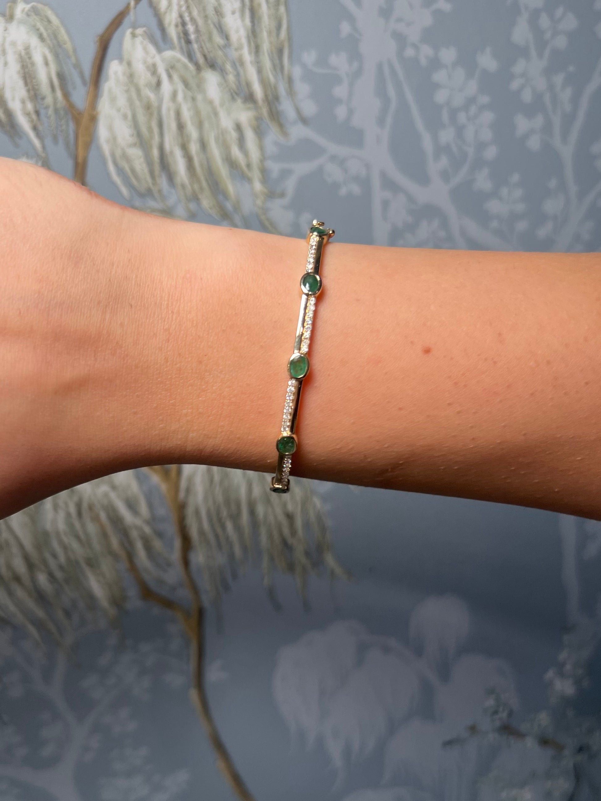 14K Yellow Gold Diamond and Emerald Bangle