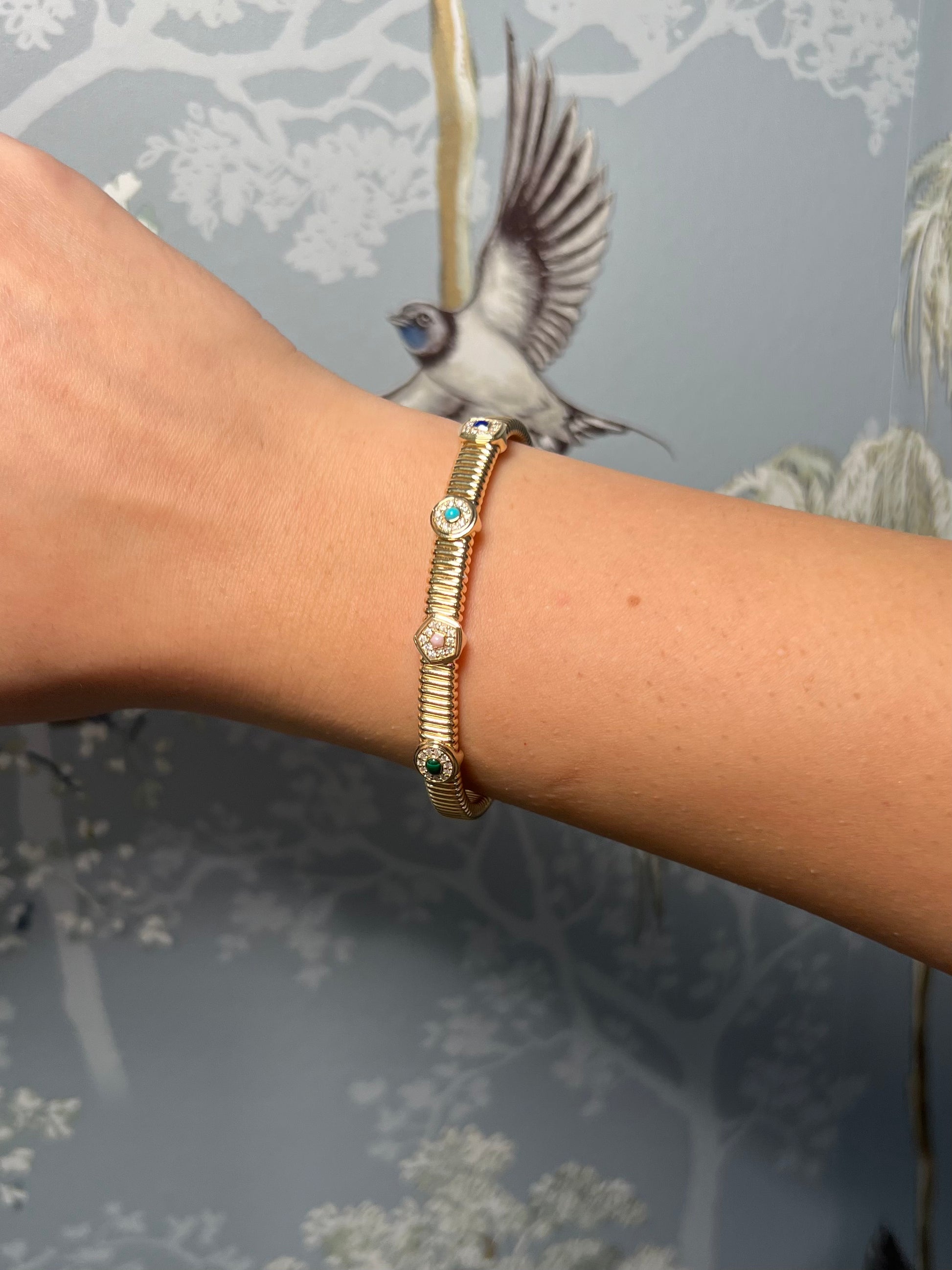 14K Yellow Gold Multi Shape and Color Tobogas Bangle