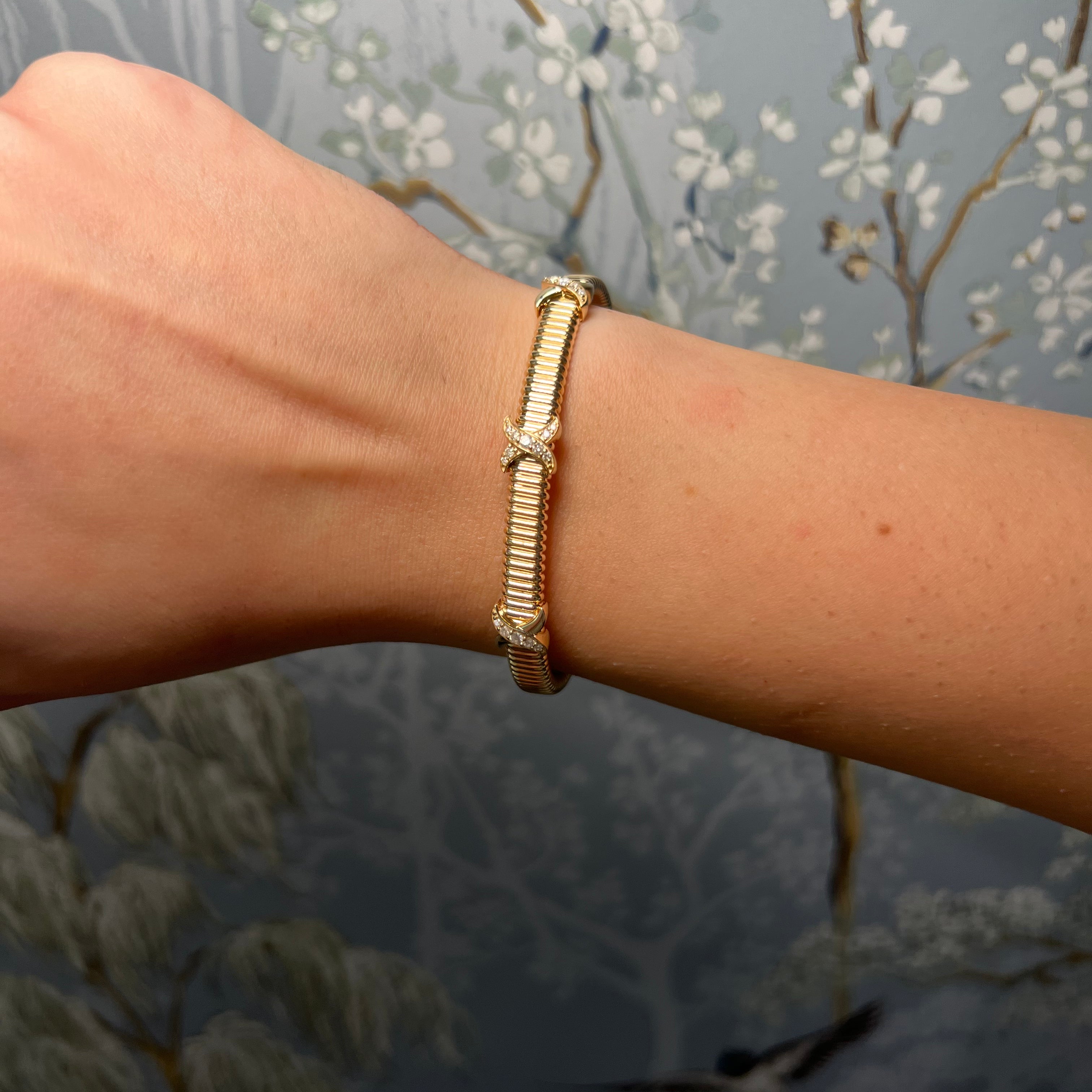 14K Yellow Gold Tobogas Diamond X Bangle