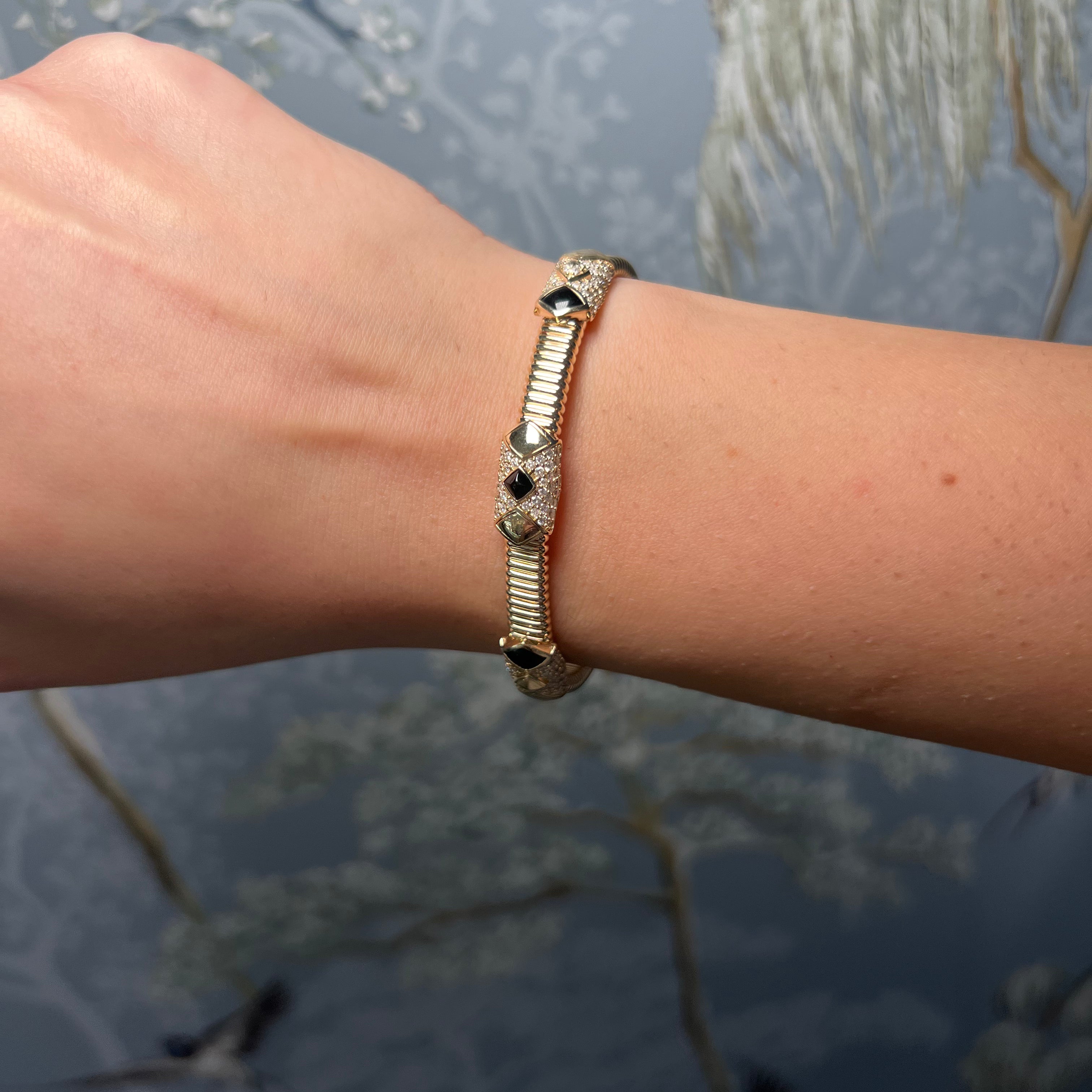 14K Yellow Gold Tobagas Bangle with Oynx and Diamond Accents