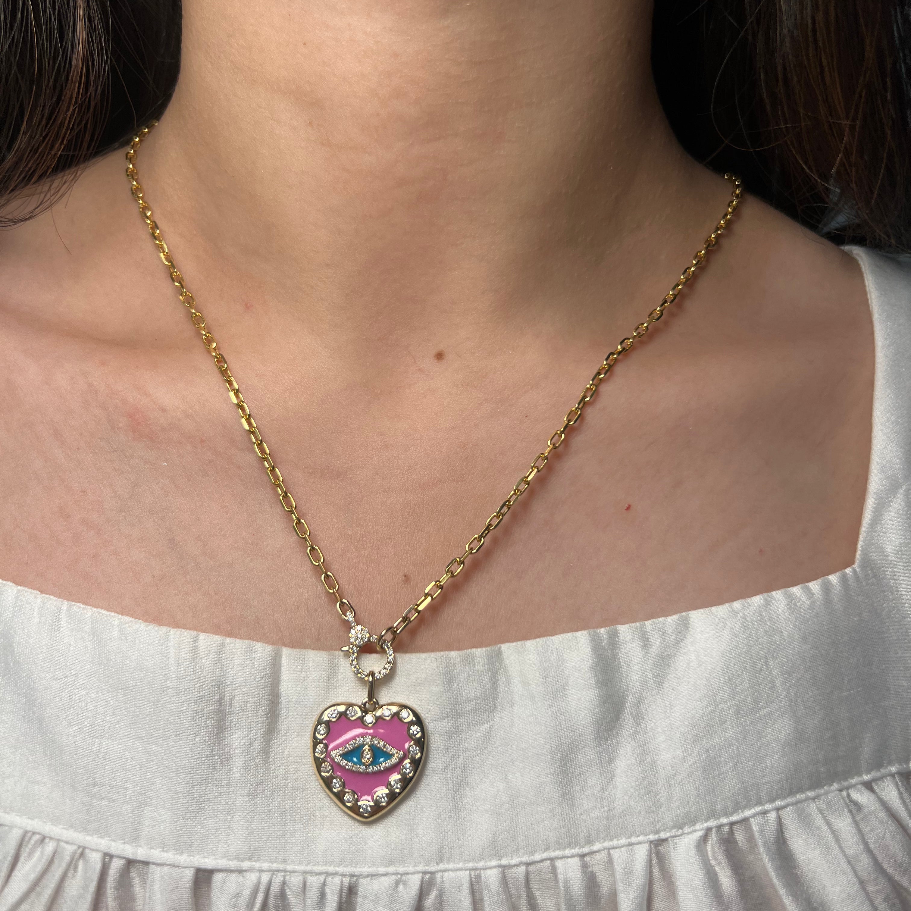 14K Yellow Gold Chain with Diamond Clasp with Pink Enamel Heart Charm