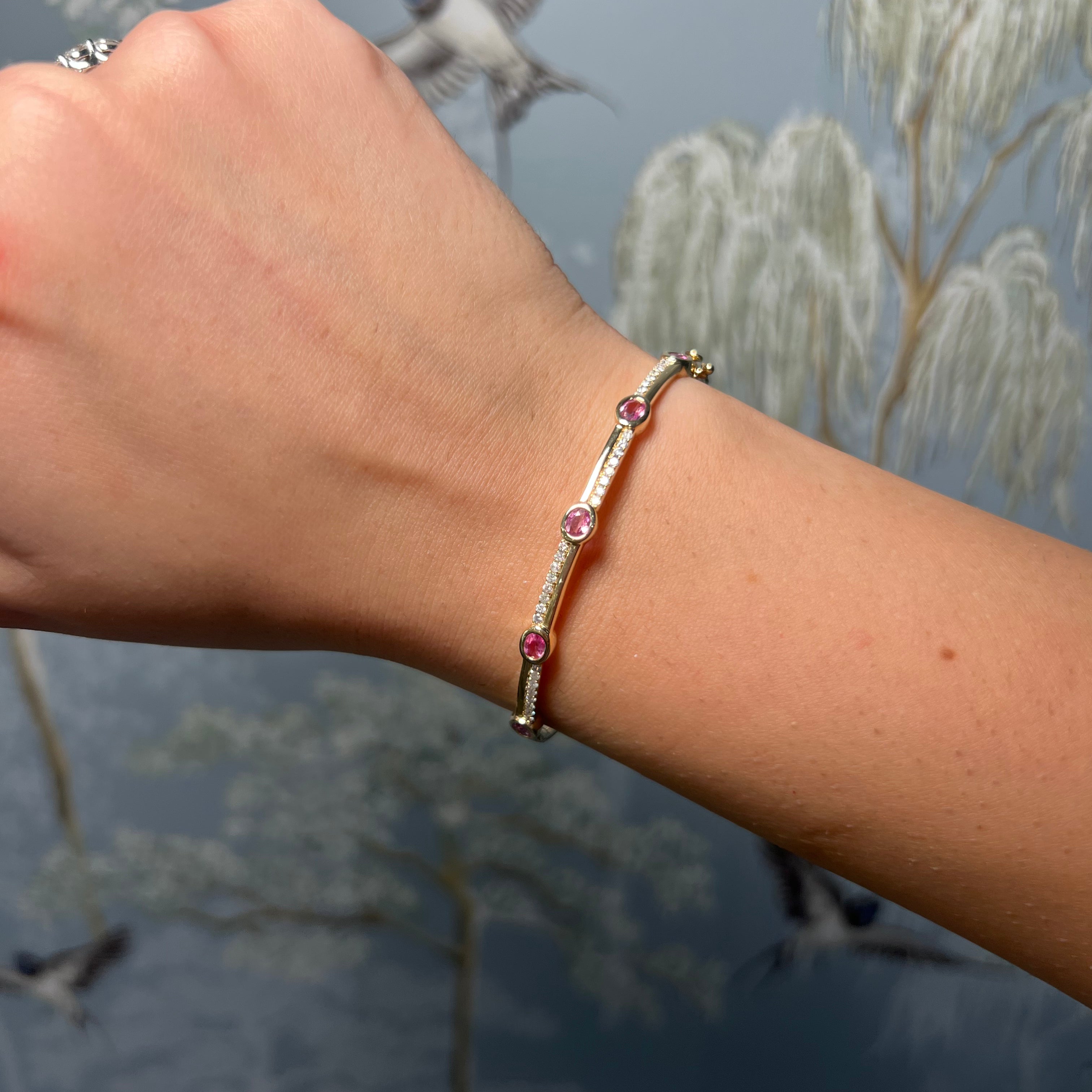 14K Yellow Gold Pink Sapphire and Diamond Bangle