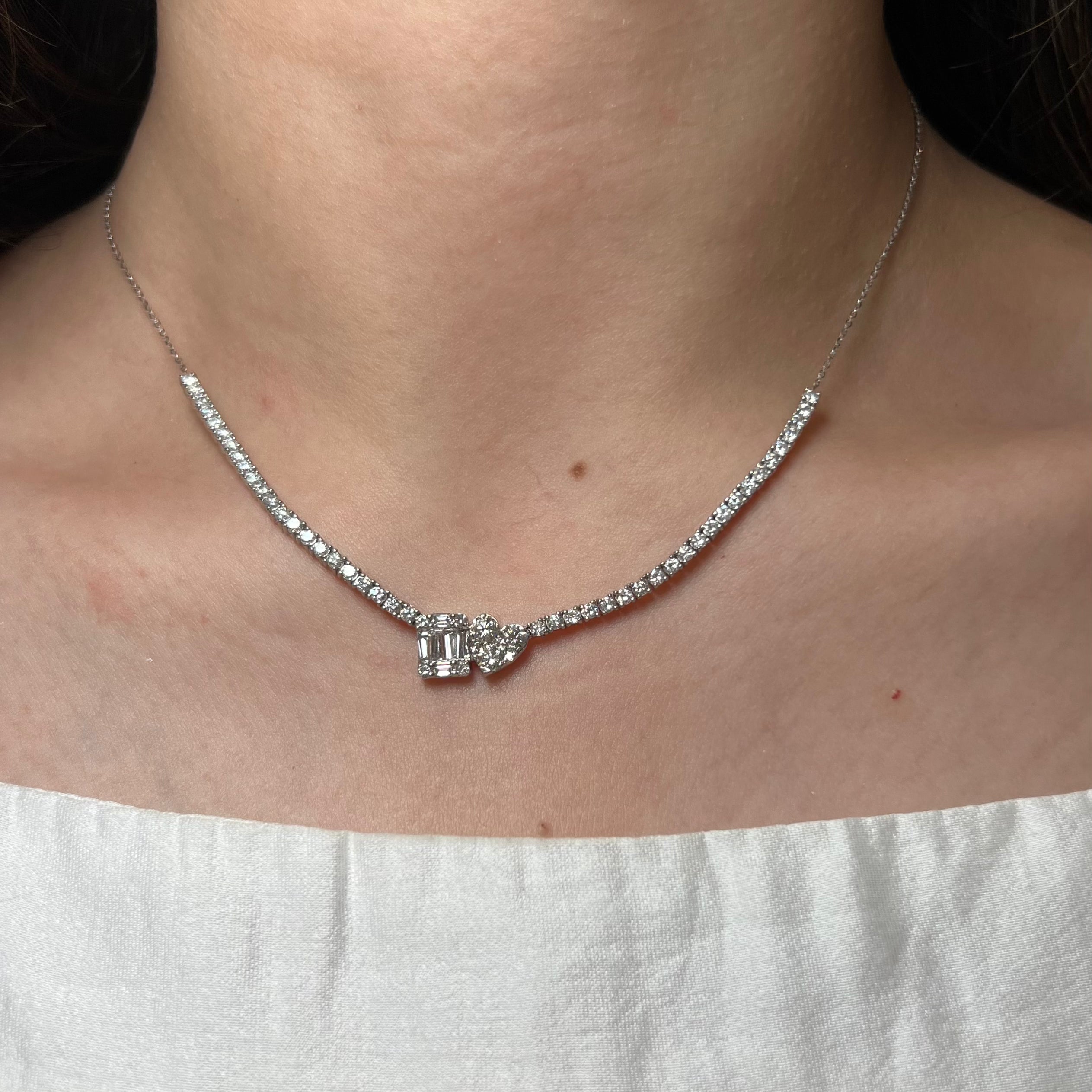 14k Gold Double Stone Heart and Emerald Tennis Necklace