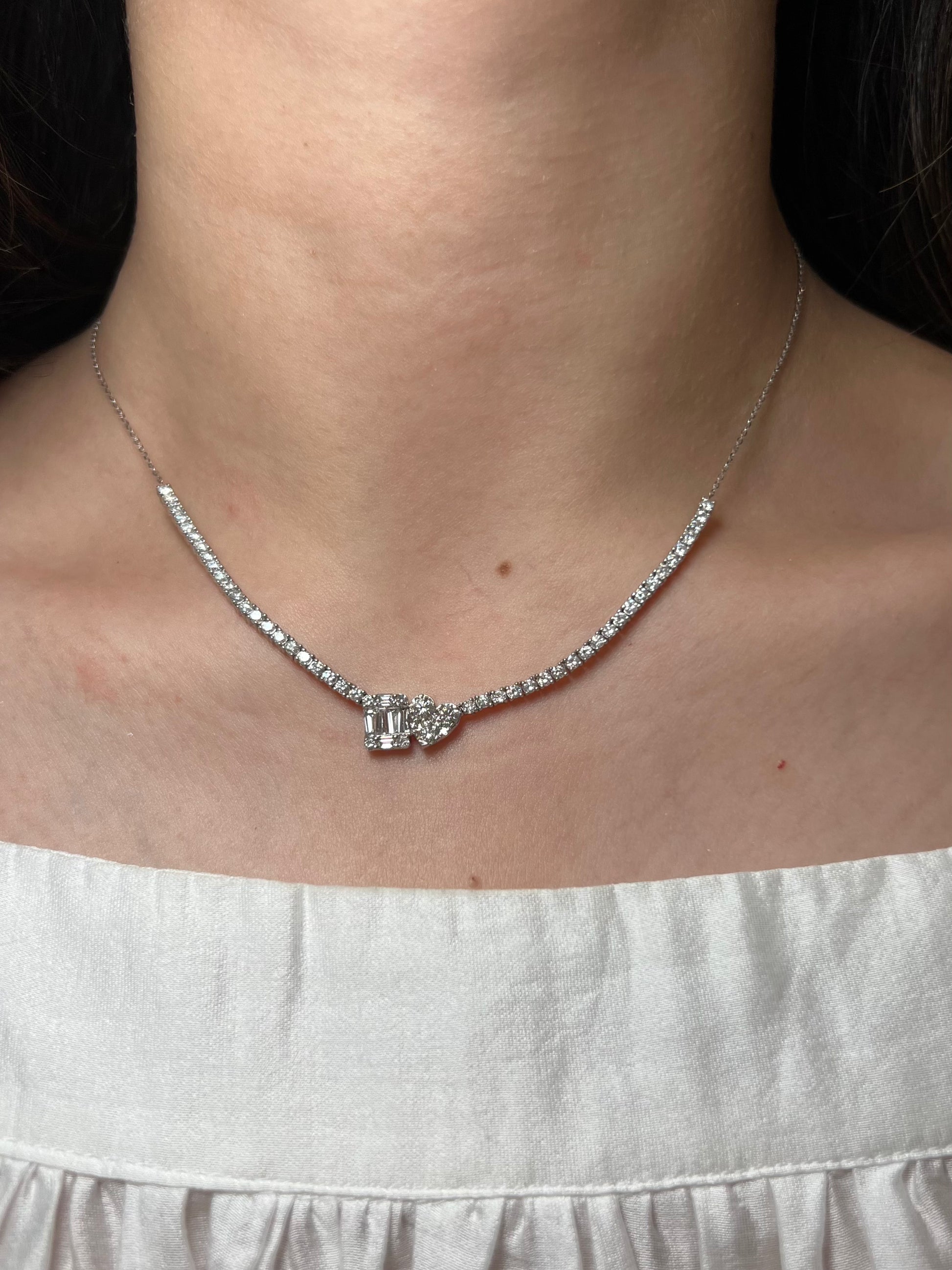 14k Gold Double Stone Heart and Emerald Tennis Necklace