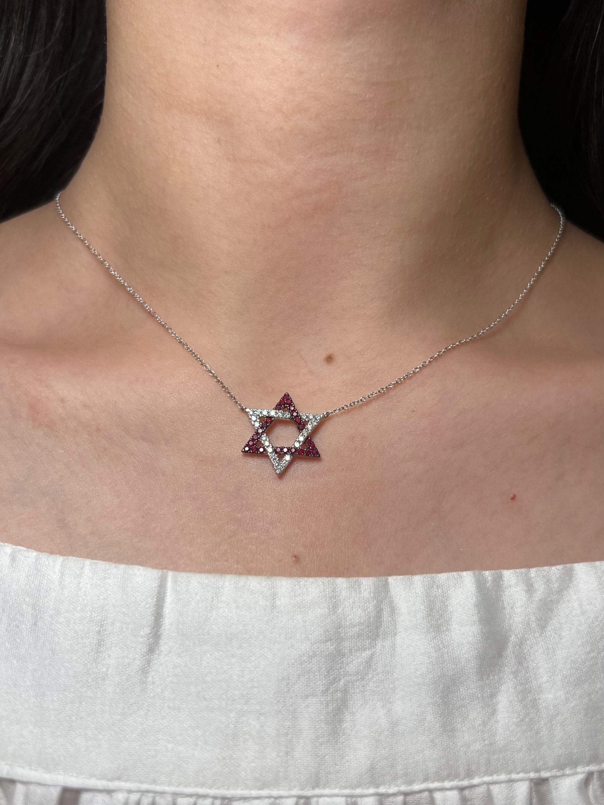 14k White Gold Ruby and Diamond Magen David Necklace