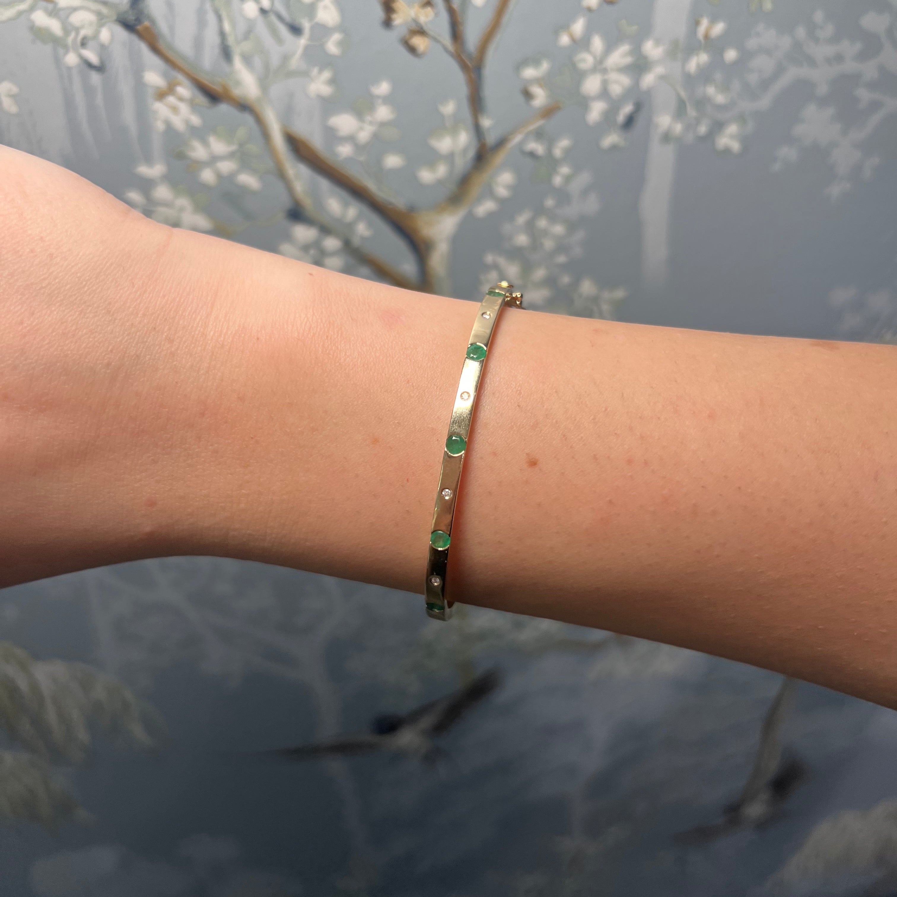 14K Yellow Gold Diamond and Emerald Bangle
