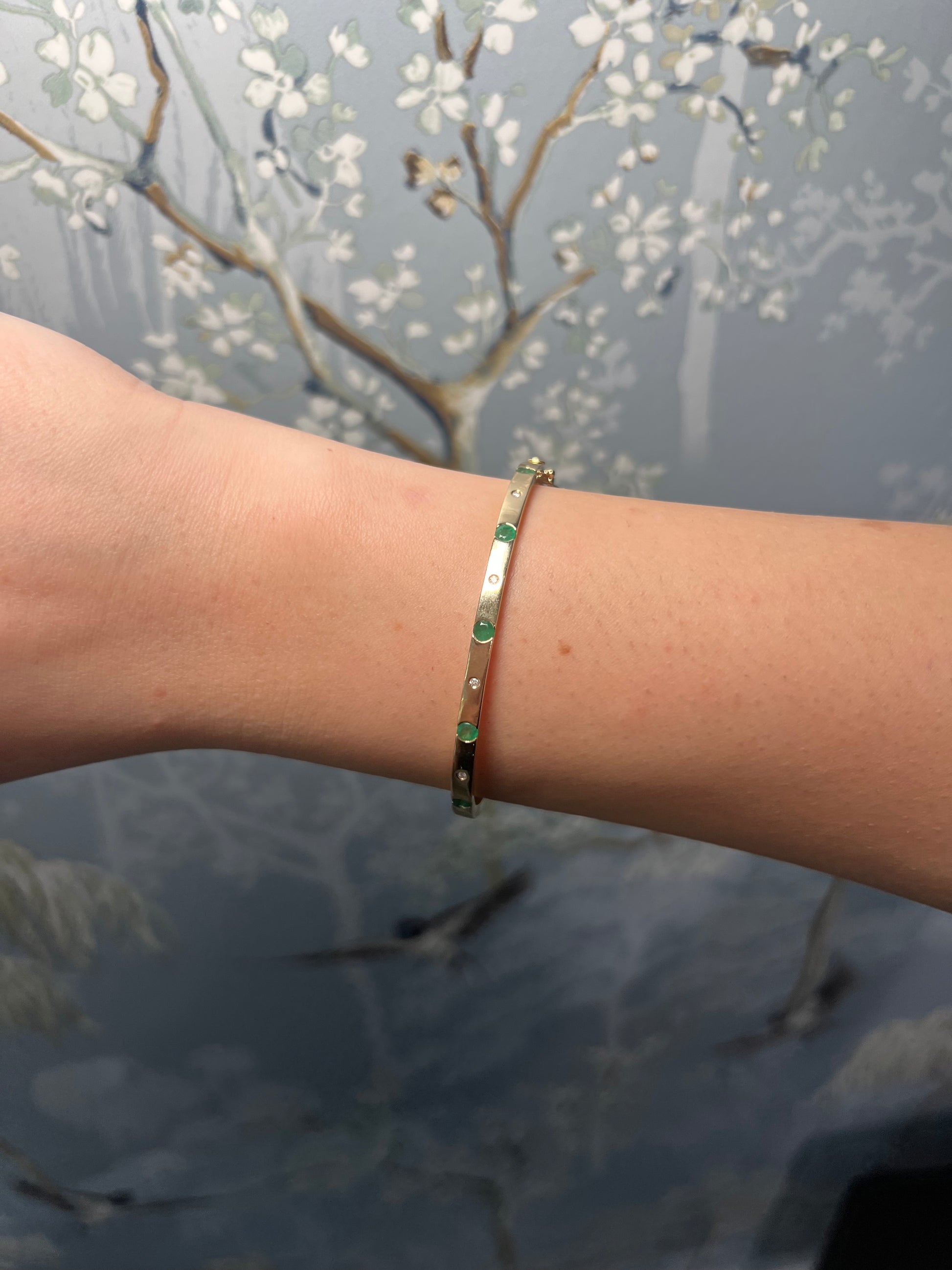 14K Yellow Gold Diamond and Emerald Bangle