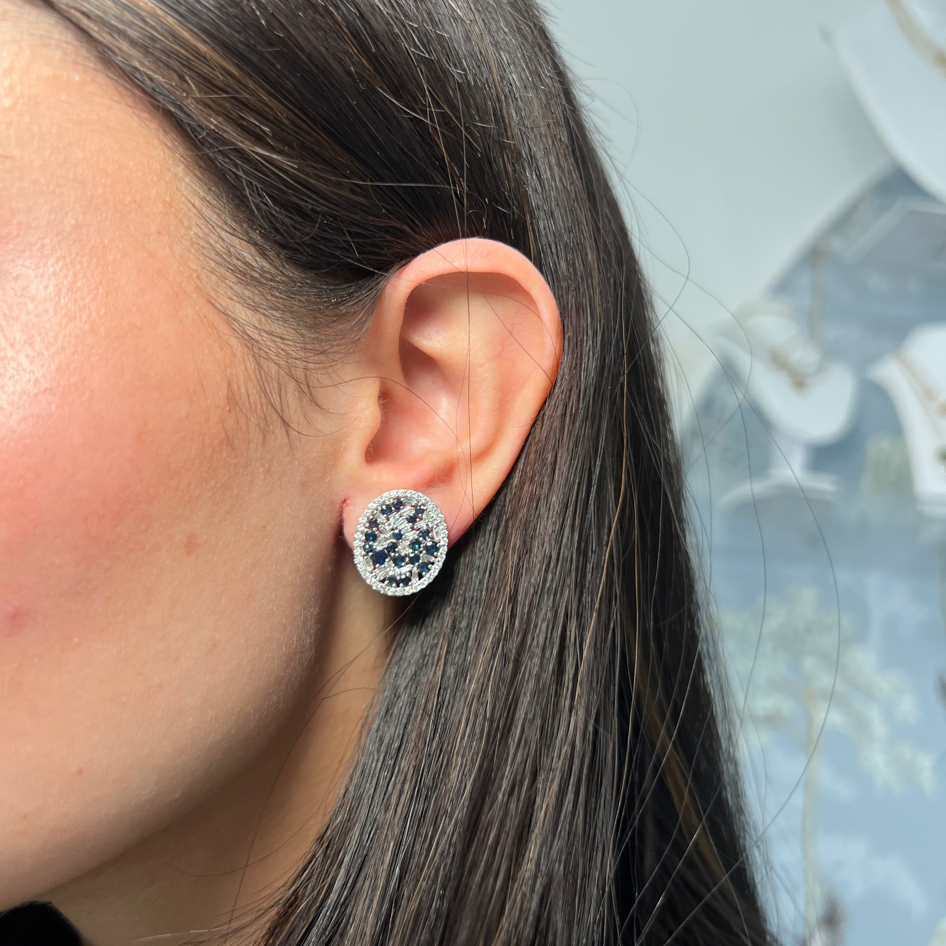 Round Sapphire and Diamond Oval Earrings