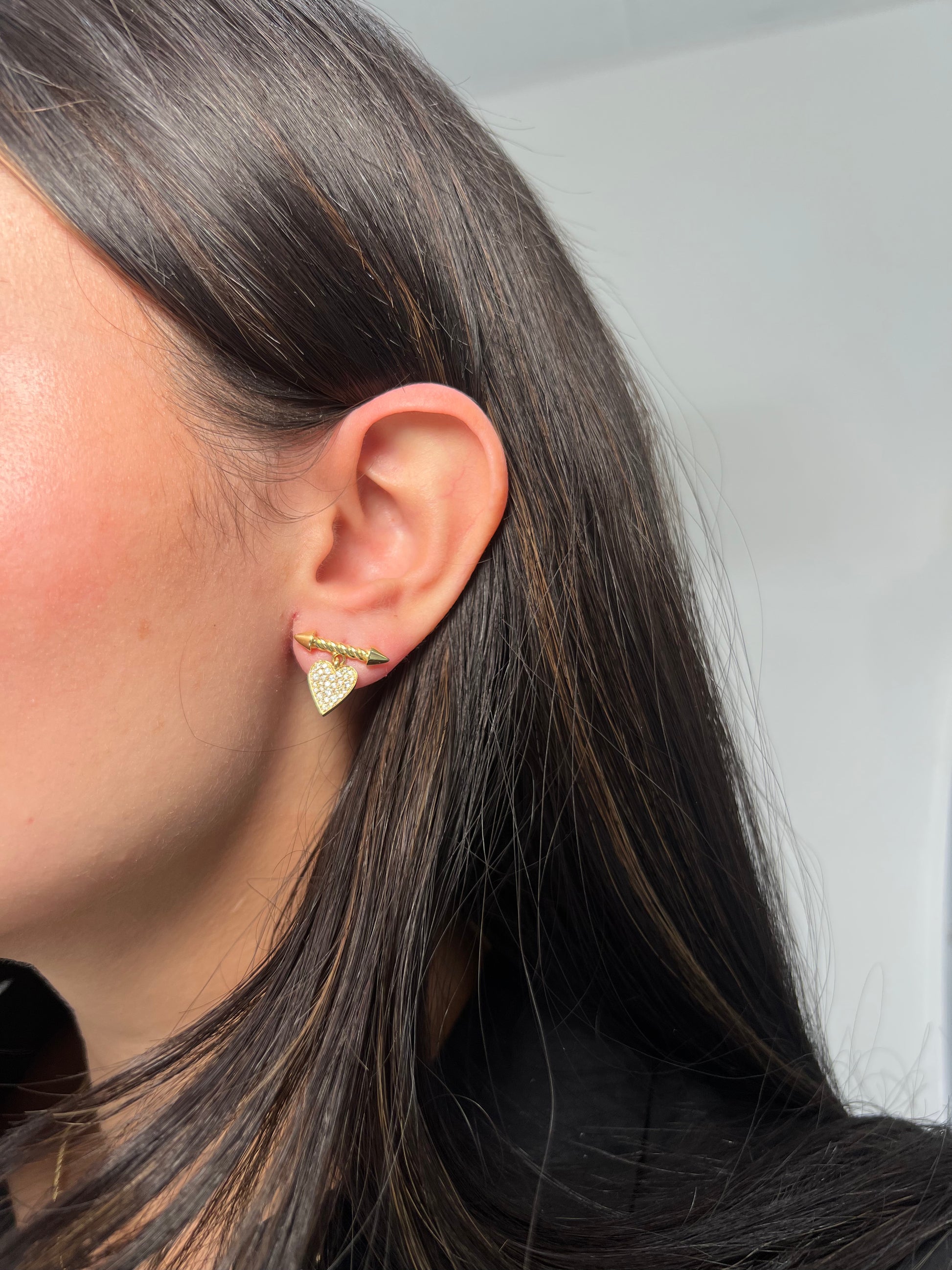 14k Gold and Diamond Heart and Arrow Earrings